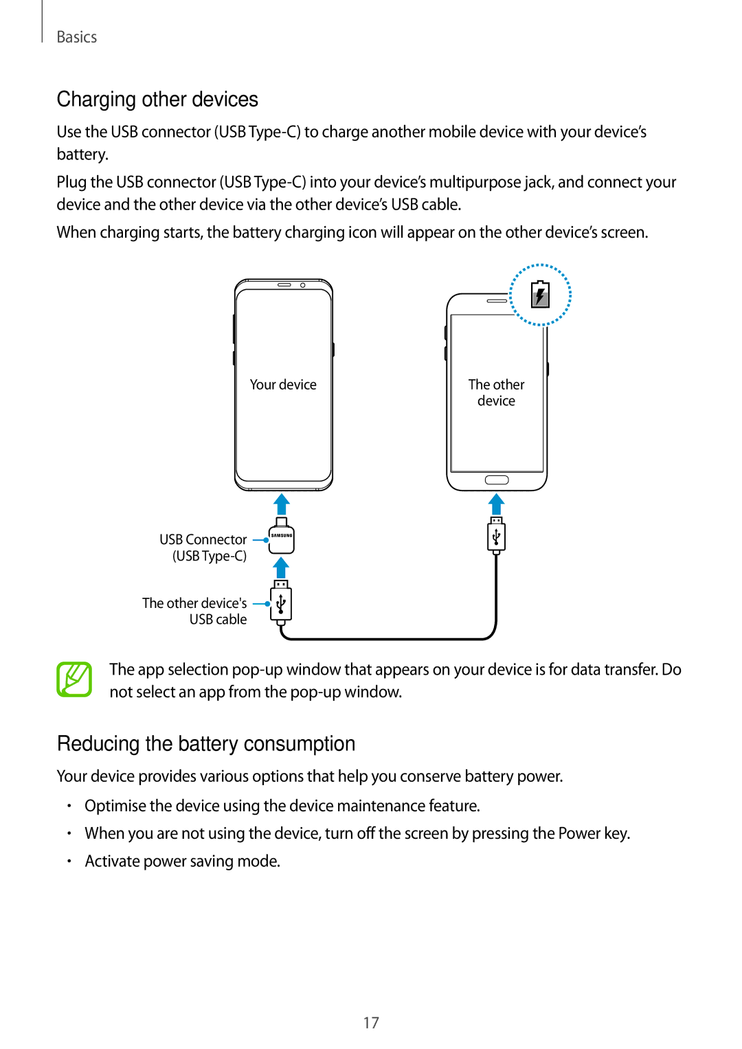 Samsung SM-G950FZKAXEF, SM-G950FZIADBT, SM-G955FZSADBT manual Charging other devices, Reducing the battery consumption 