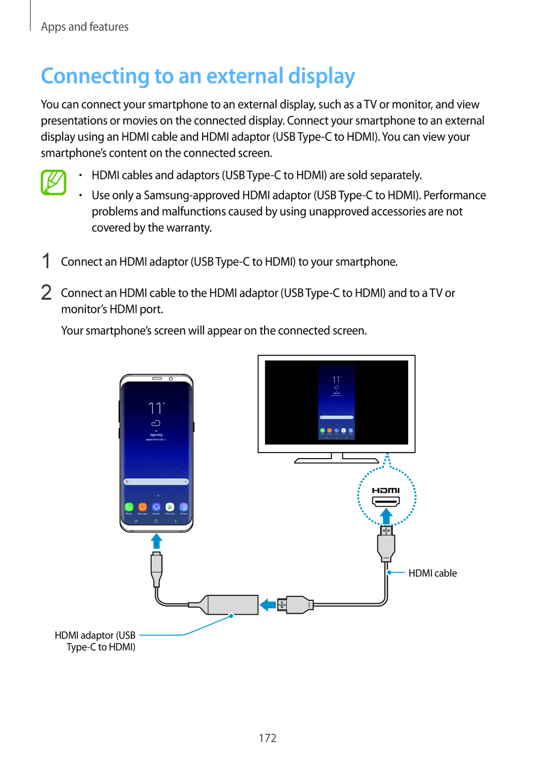 Samsung SM-G950FZIAPHE, SM-G950FZIADBT, SM-G955FZSADBT, SM-G955FZKADBT, SM-G955FZVADBT manual Connecting to an external display 