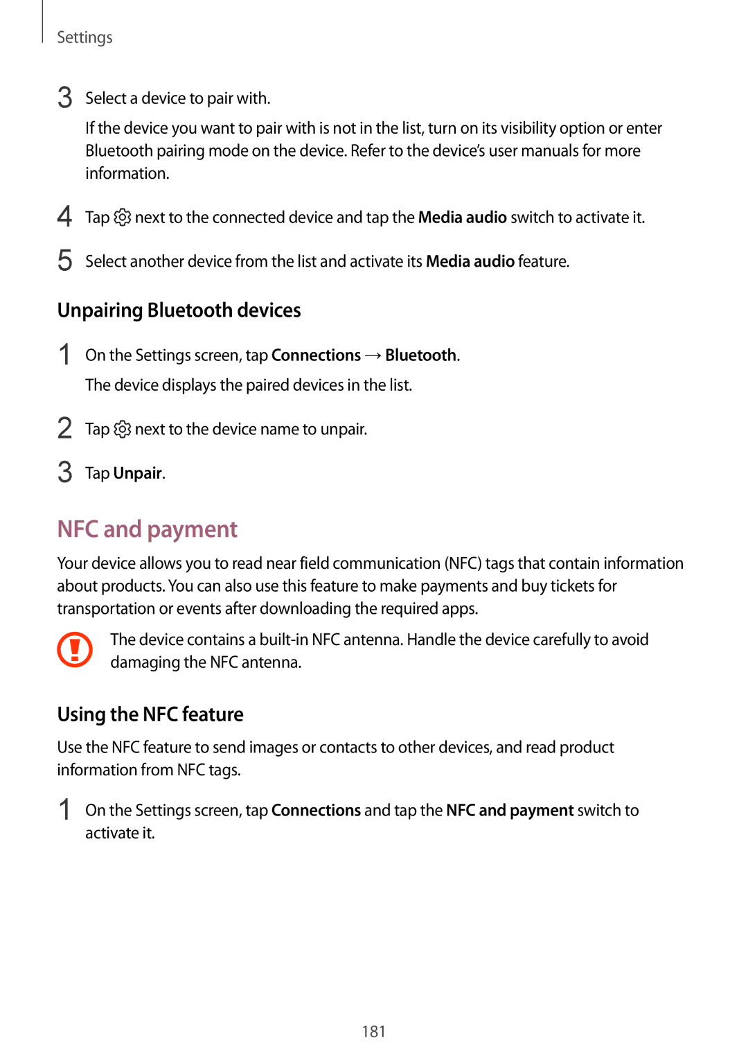 Samsung SM-G950FZKDKSA, SM-G950FZIADBT NFC and payment, Unpairing Bluetooth devices, Using the NFC feature, Tap Unpair 