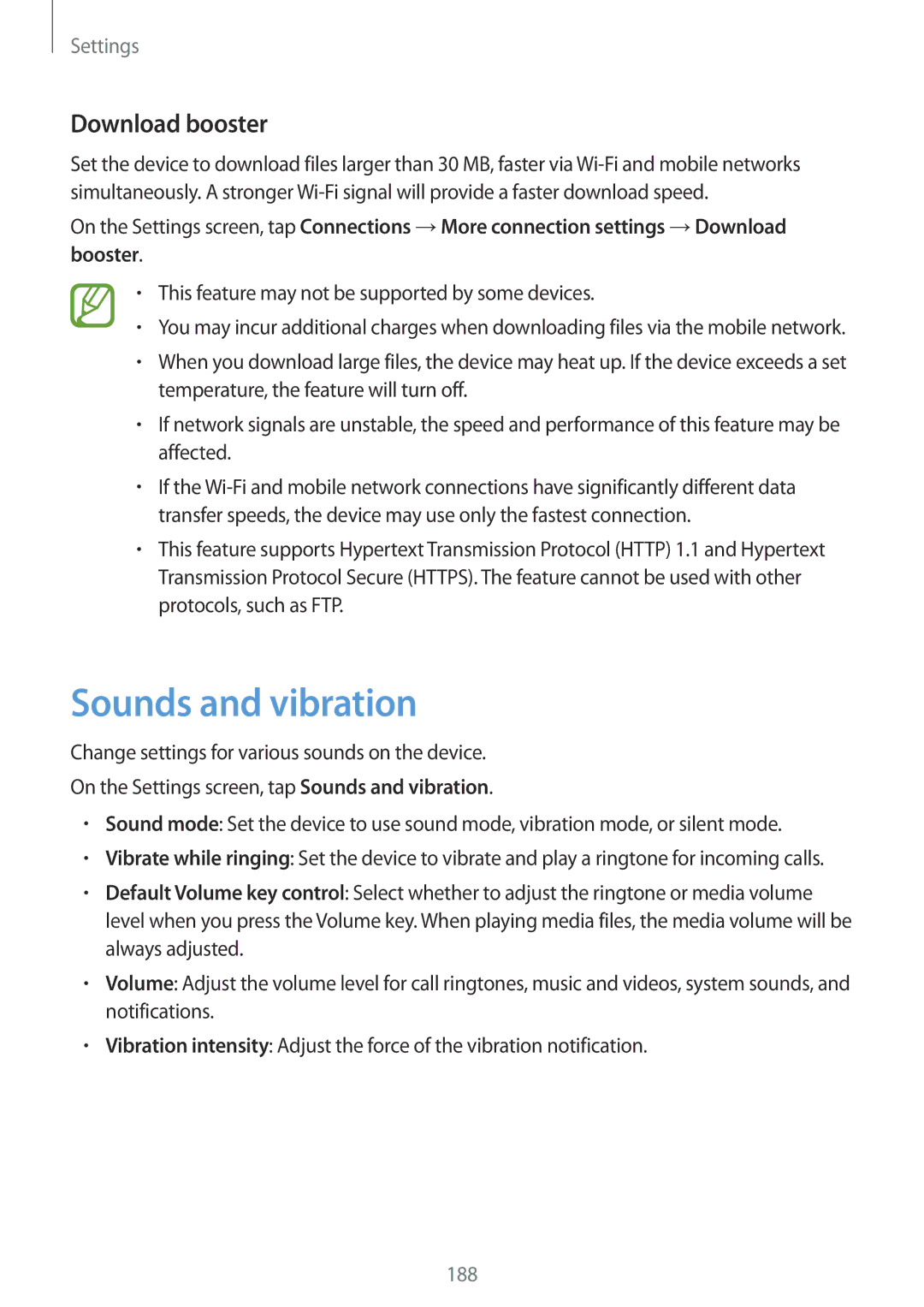 Samsung SM-G950FZBDXXV manual Sounds and vibration, Download booster, This feature may not be supported by some devices 