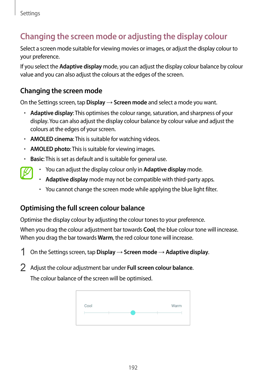 Samsung SM-G950FZDDXXV, SM-G950FZIADBT, SM-G955FZSADBT Changing the screen mode, Optimising the full screen colour balance 