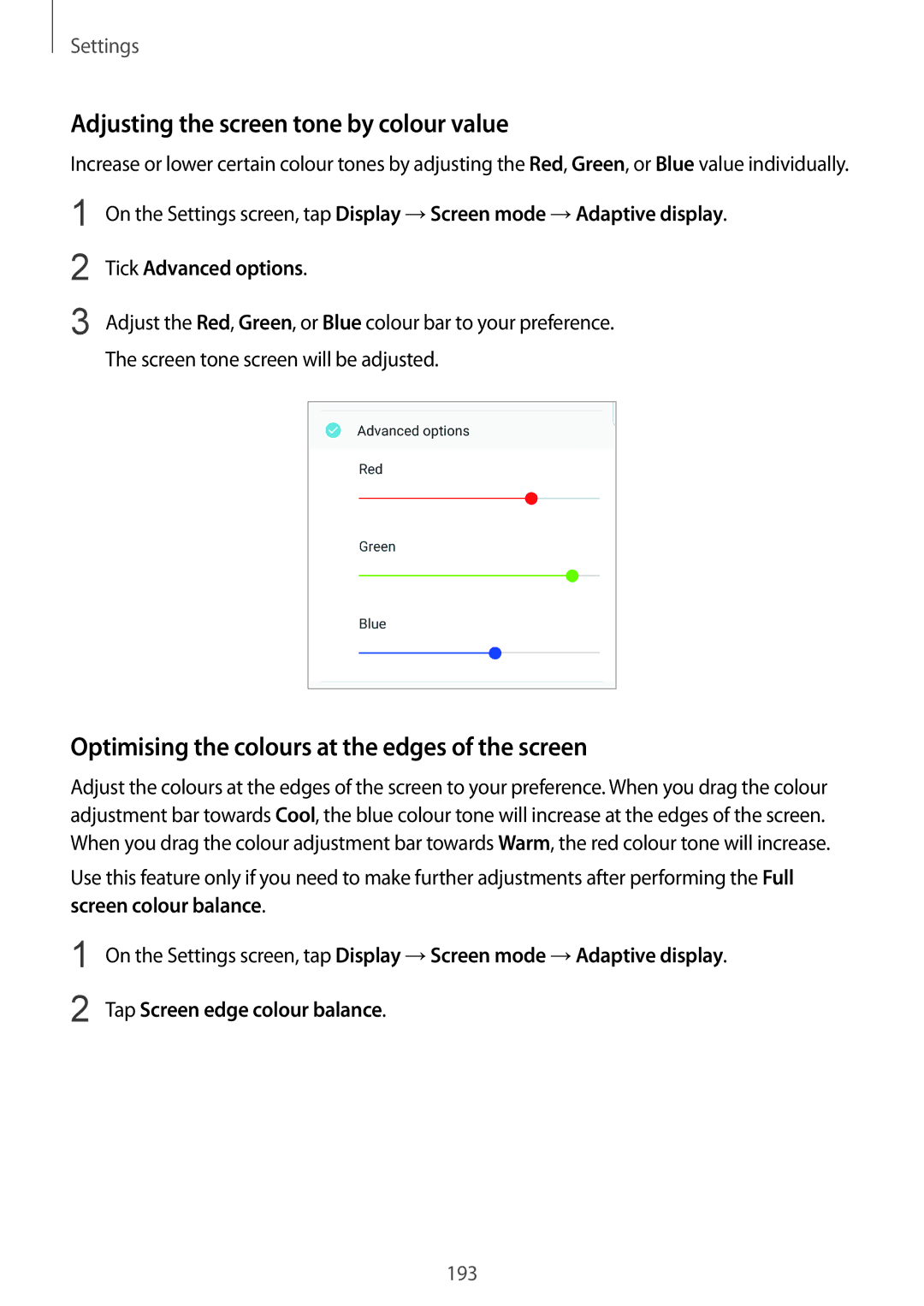 Samsung SM-G955FZDDXXV manual Adjusting the screen tone by colour value, Optimising the colours at the edges of the screen 