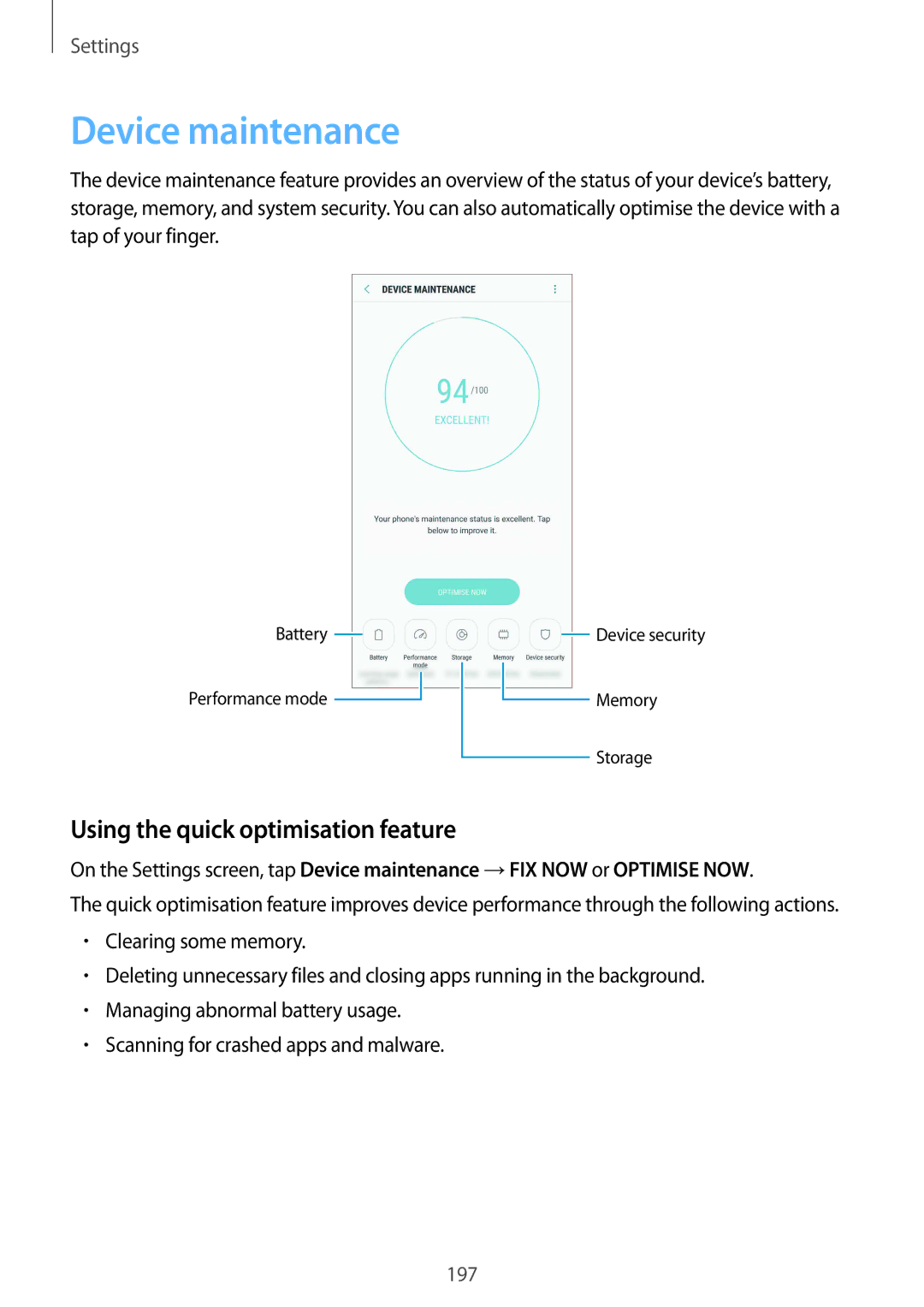 Samsung SM-G950FZSASEE, SM-G950FZIADBT, SM-G955FZSADBT manual Device maintenance, Using the quick optimisation feature 