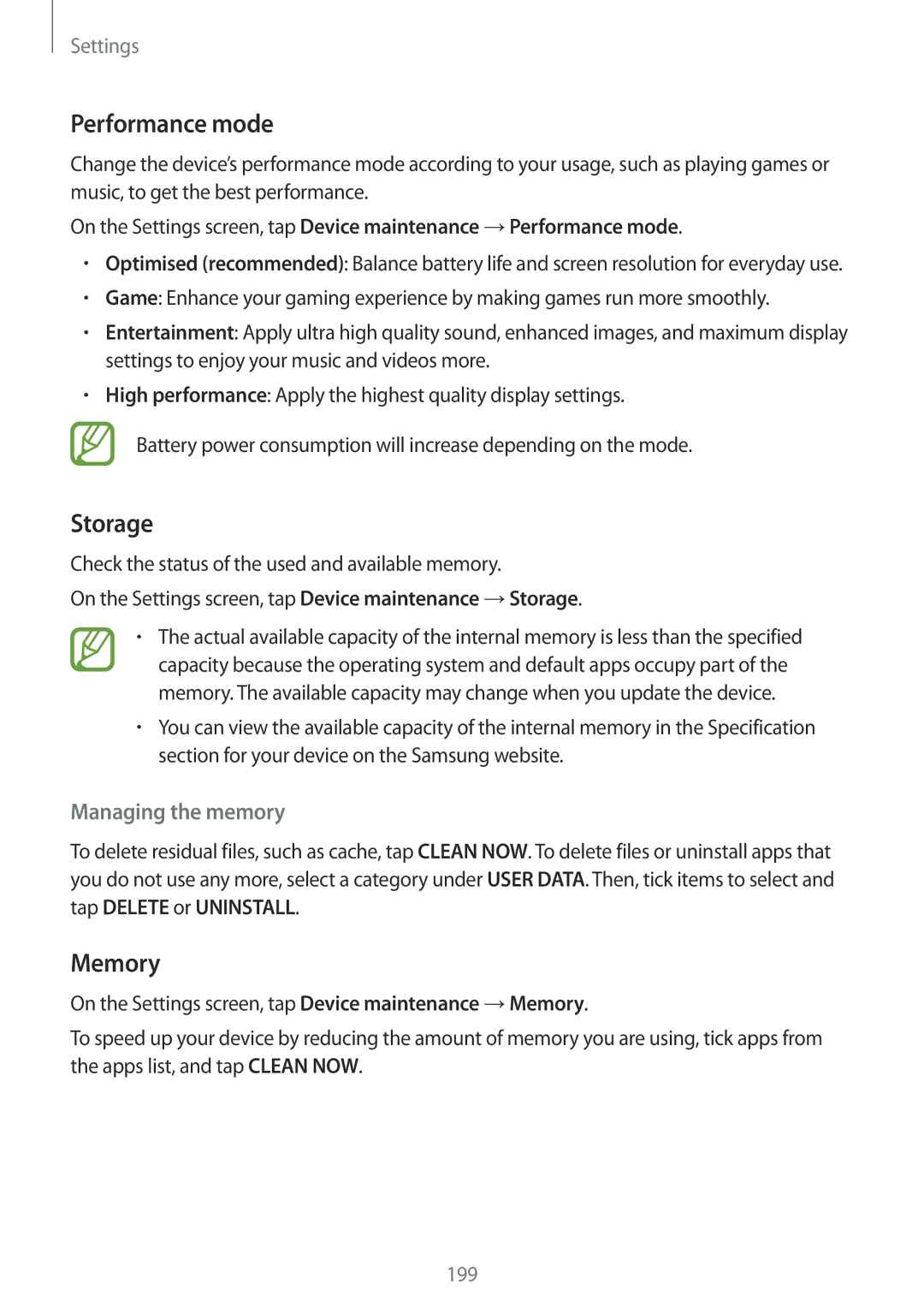 Samsung SM-G955FZVABGL, SM-G950FZIADBT, SM-G955FZSADBT manual Performance mode, Storage, Memory, Managing the memory 