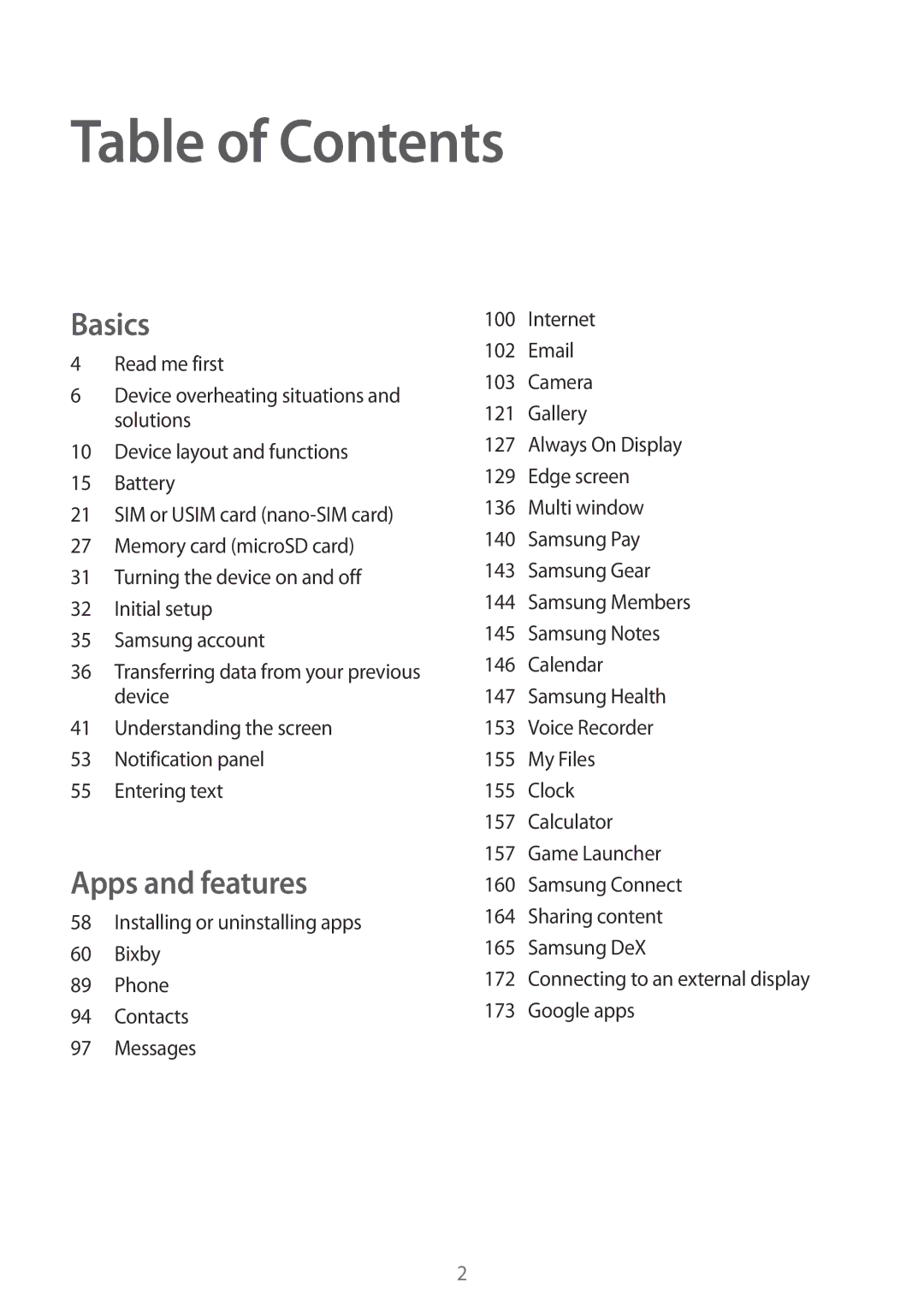 Samsung SM-G955FZKADBT, SM-G950FZIADBT, SM-G955FZSADBT, SM-G955FZVADBT, SM-G955FZKDDBT, SM-G950FZVADBT manual Table of Contents 