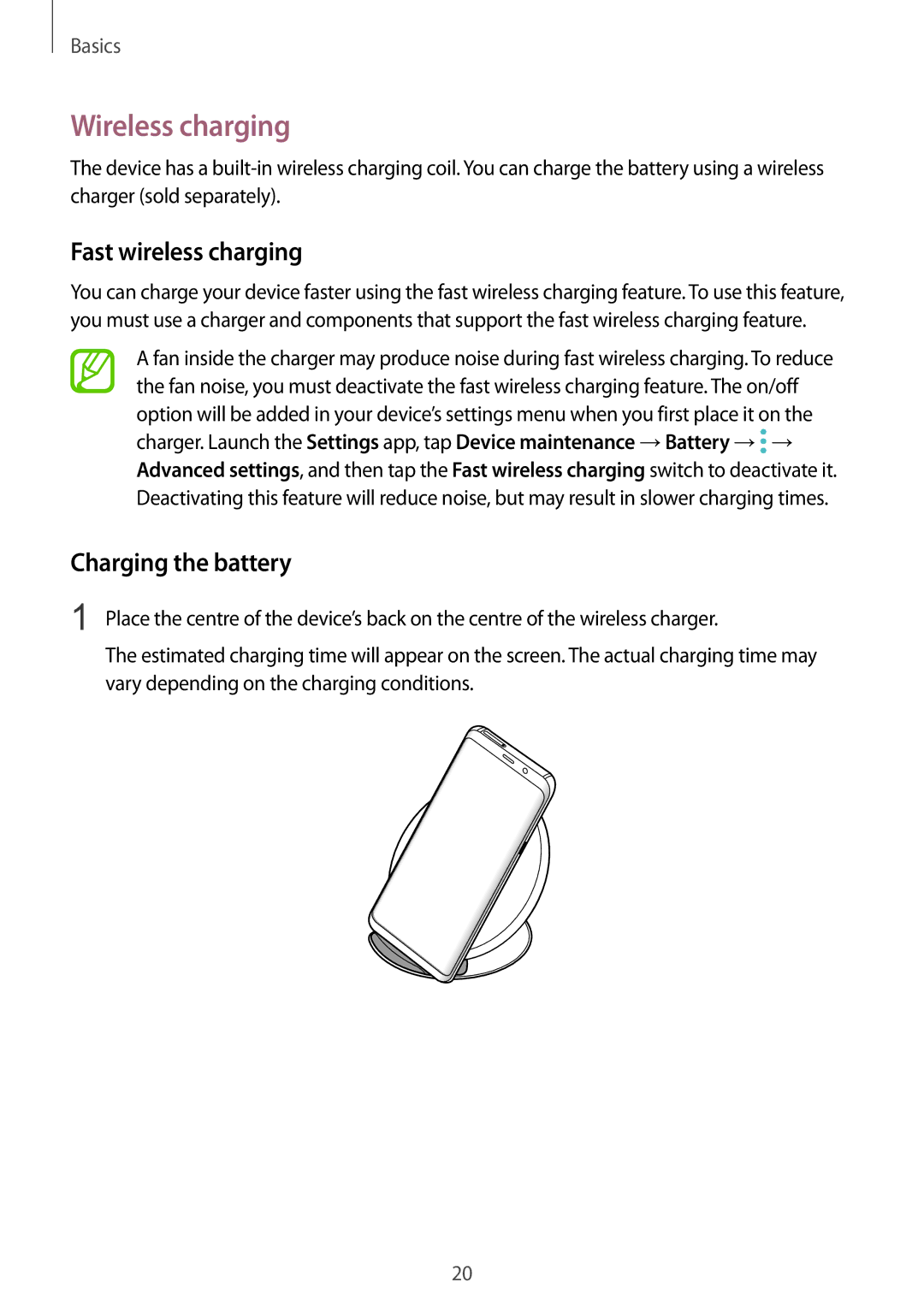 Samsung SM-G955FZKDXEF, SM-G950FZIADBT, SM-G955FZSADBT manual Wireless charging, Fast wireless charging, Charging the battery 