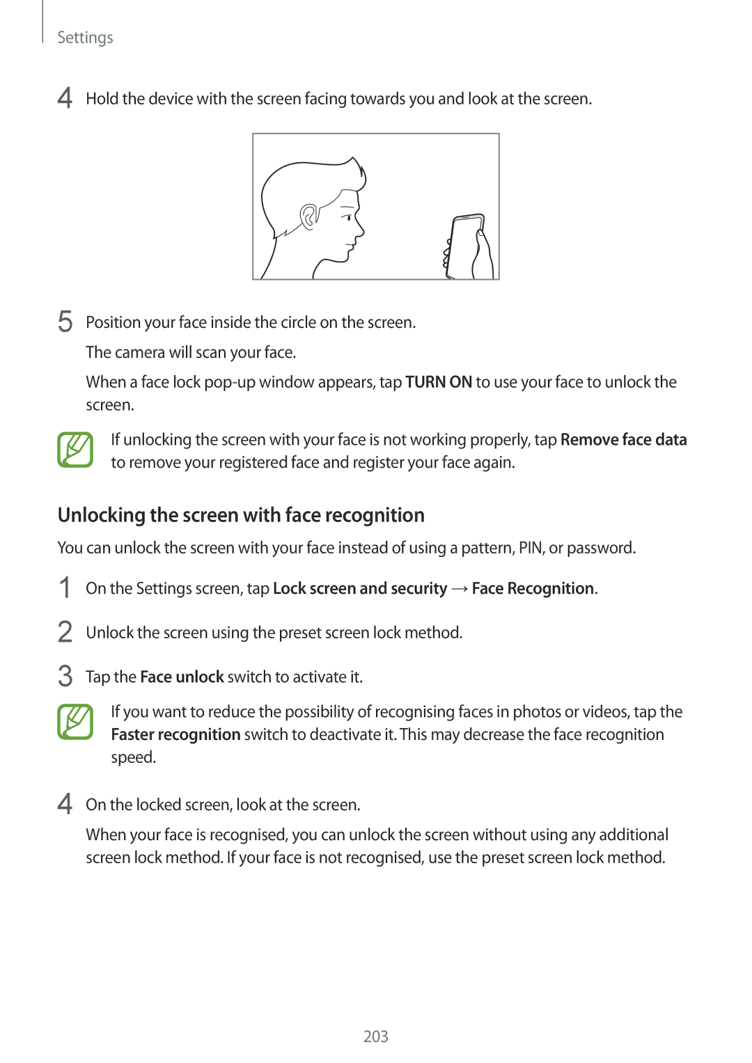 Samsung SM-G950FZBABGL, SM-G950FZIADBT, SM-G955FZSADBT, SM-G955FZKADBT manual Unlocking the screen with face recognition 