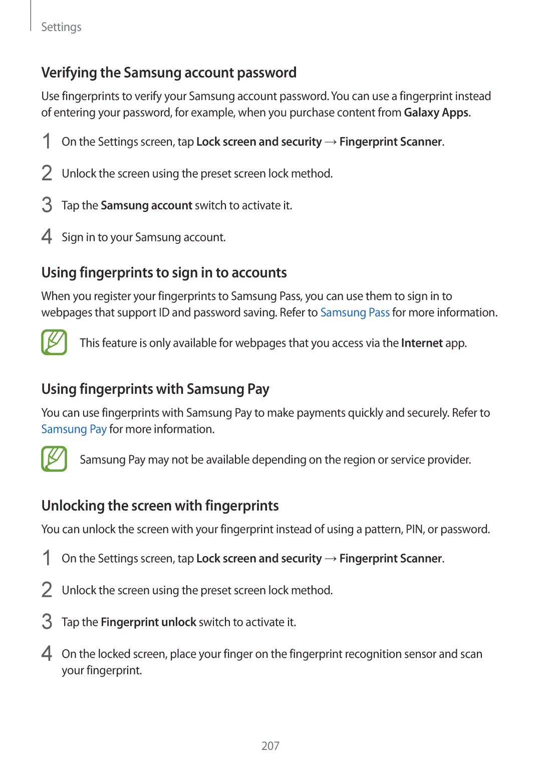 Samsung SM-G955FZKASEE, SM-G950FZIADBT Verifying the Samsung account password, Using fingerprints to sign in to accounts 