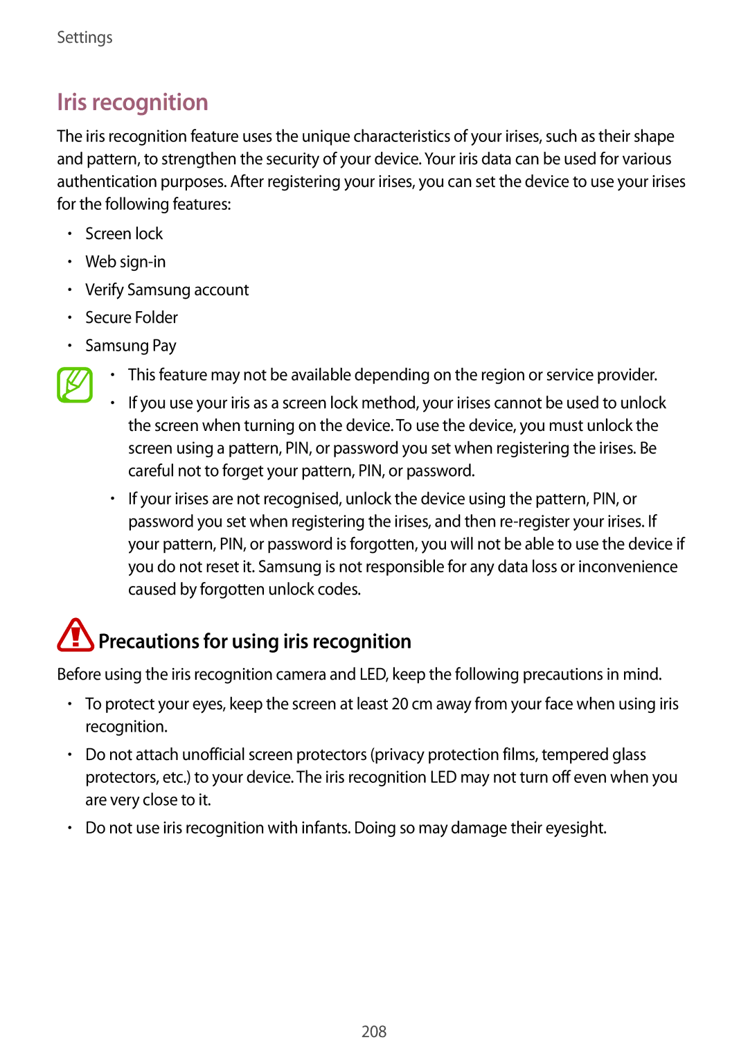 Samsung SM-G955FZVASEE, SM-G950FZIADBT, SM-G955FZSADBT manual Iris recognition, Precautions for using iris recognition 