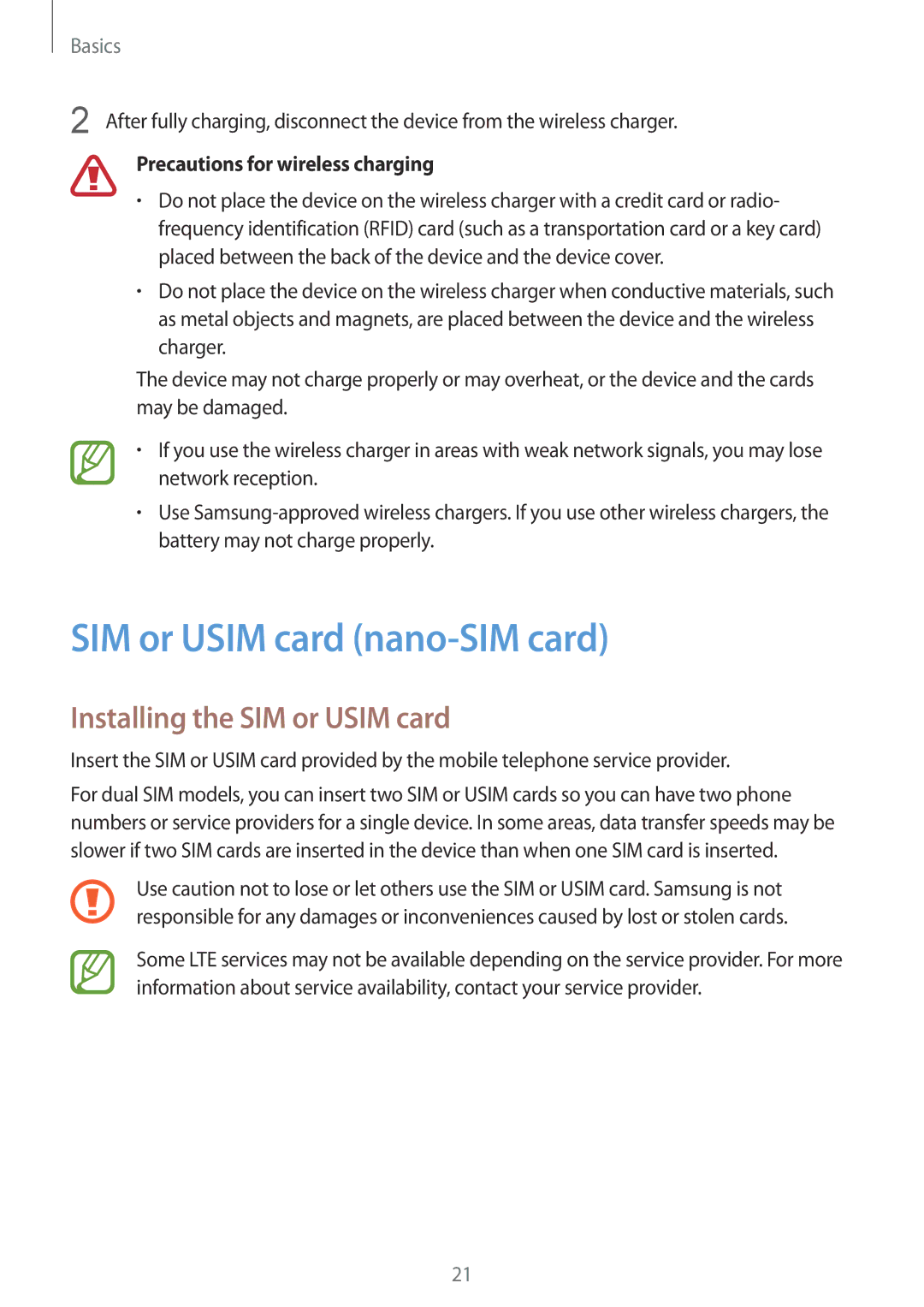 Samsung SM-G950FZBAXEF SIM or Usim card nano-SIM card, Installing the SIM or Usim card, Precautions for wireless charging 