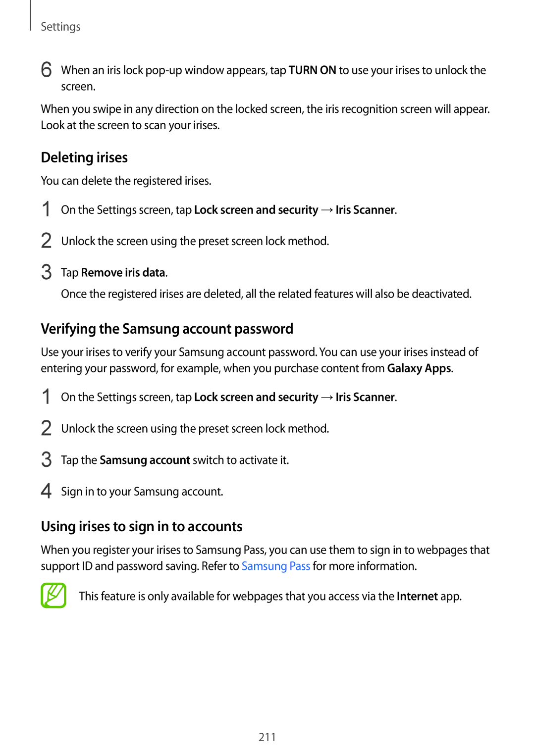 Samsung SM-G955FZBAETL manual Deleting irises, Using irises to sign in to accounts, You can delete the registered irises 