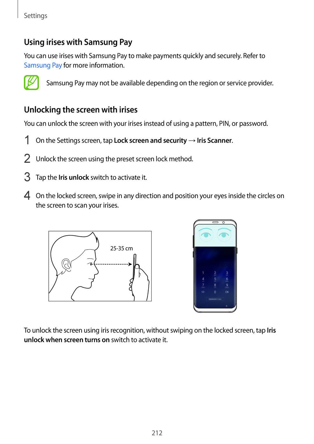 Samsung SM-G950FZIAETL, SM-G950FZIADBT, SM-G955FZSADBT manual Using irises with Samsung Pay, Unlocking the screen with irises 