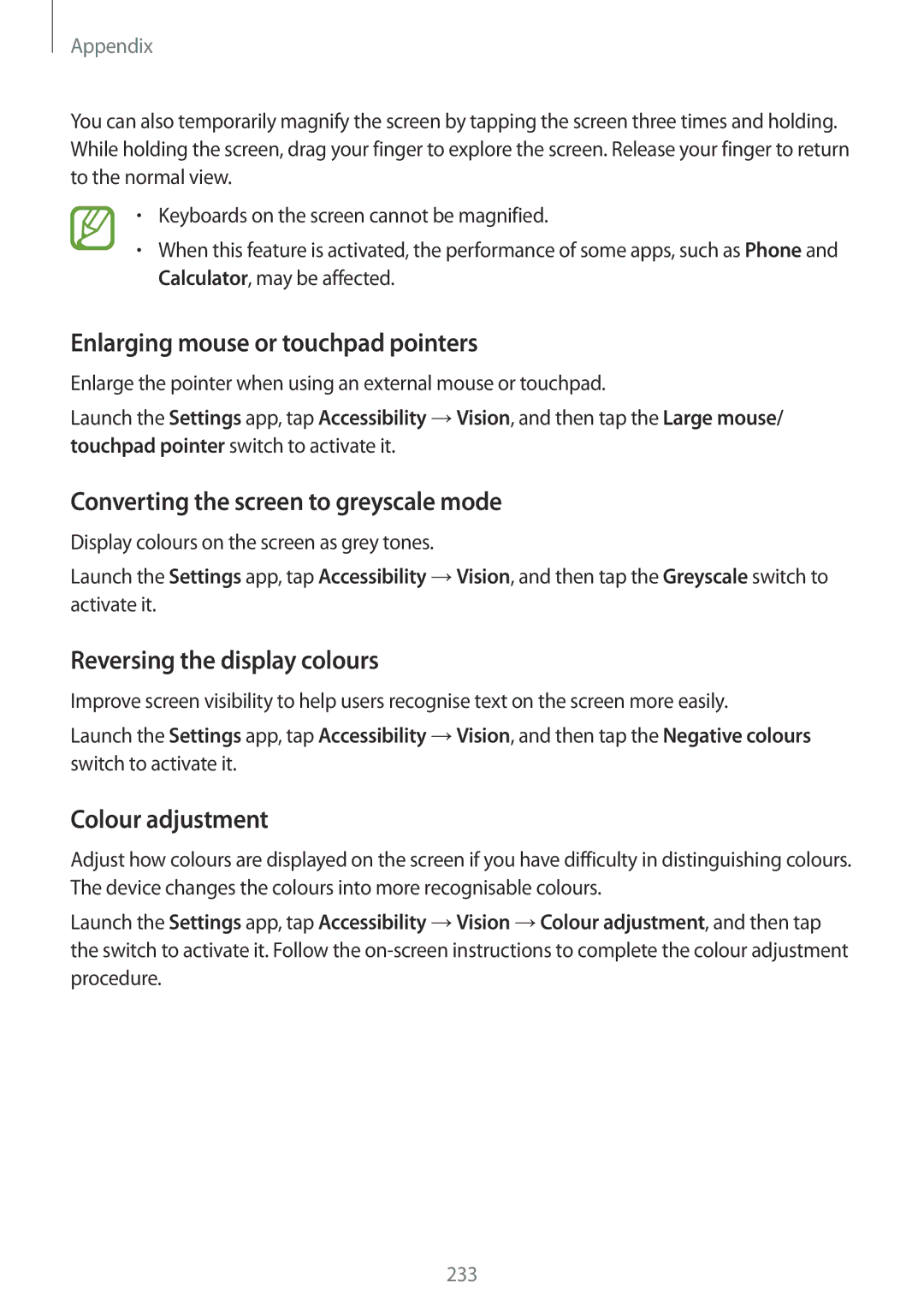 Samsung SM-G950FZVASEB Enlarging mouse or touchpad pointers, Converting the screen to greyscale mode, Colour adjustment 