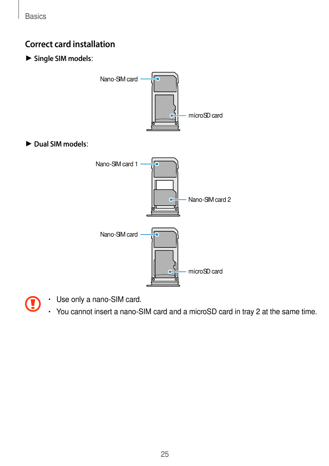 Samsung SM-G955FZVDITV, SM-G950FZIADBT, SM-G955FZSADBT, SM-G955FZKADBT Correct card installation, Use only a nano-SIM card 