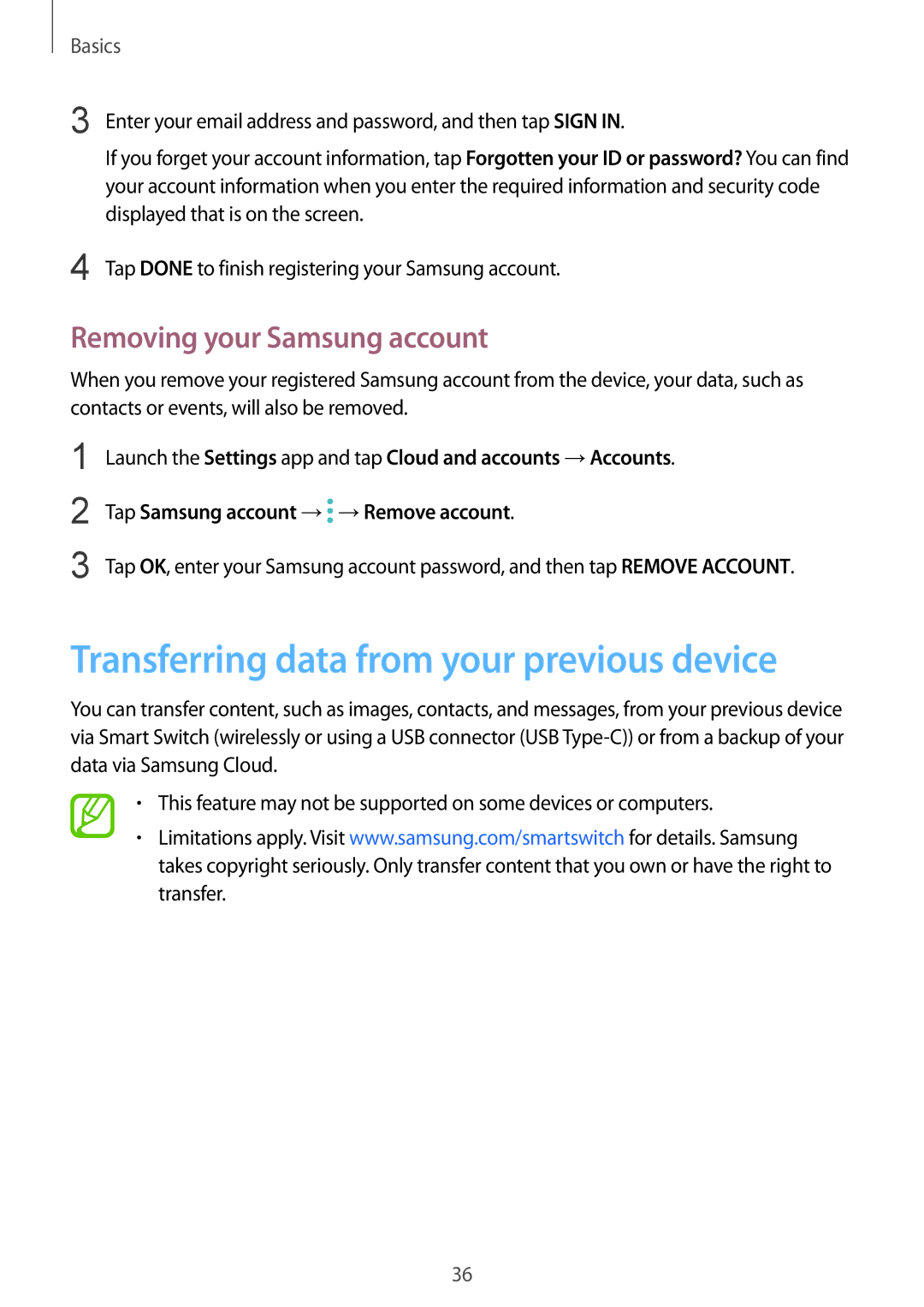 Samsung SM-G950FZKAPHE, SM-G950FZIADBT manual Transferring data from your previous device, Removing your Samsung account 