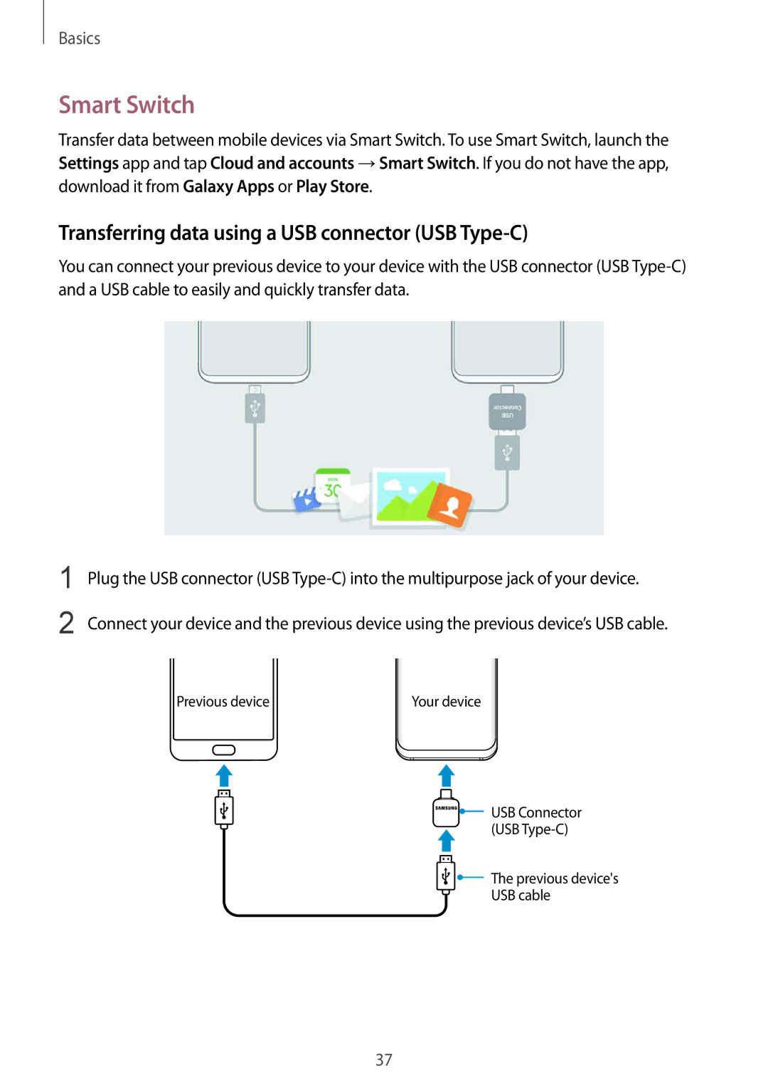 Samsung SM-G950FZBAPHE, SM-G950FZIADBT, SM-G955FZSADBT Smart Switch, Transferring data using a USB connector USB Type-C 