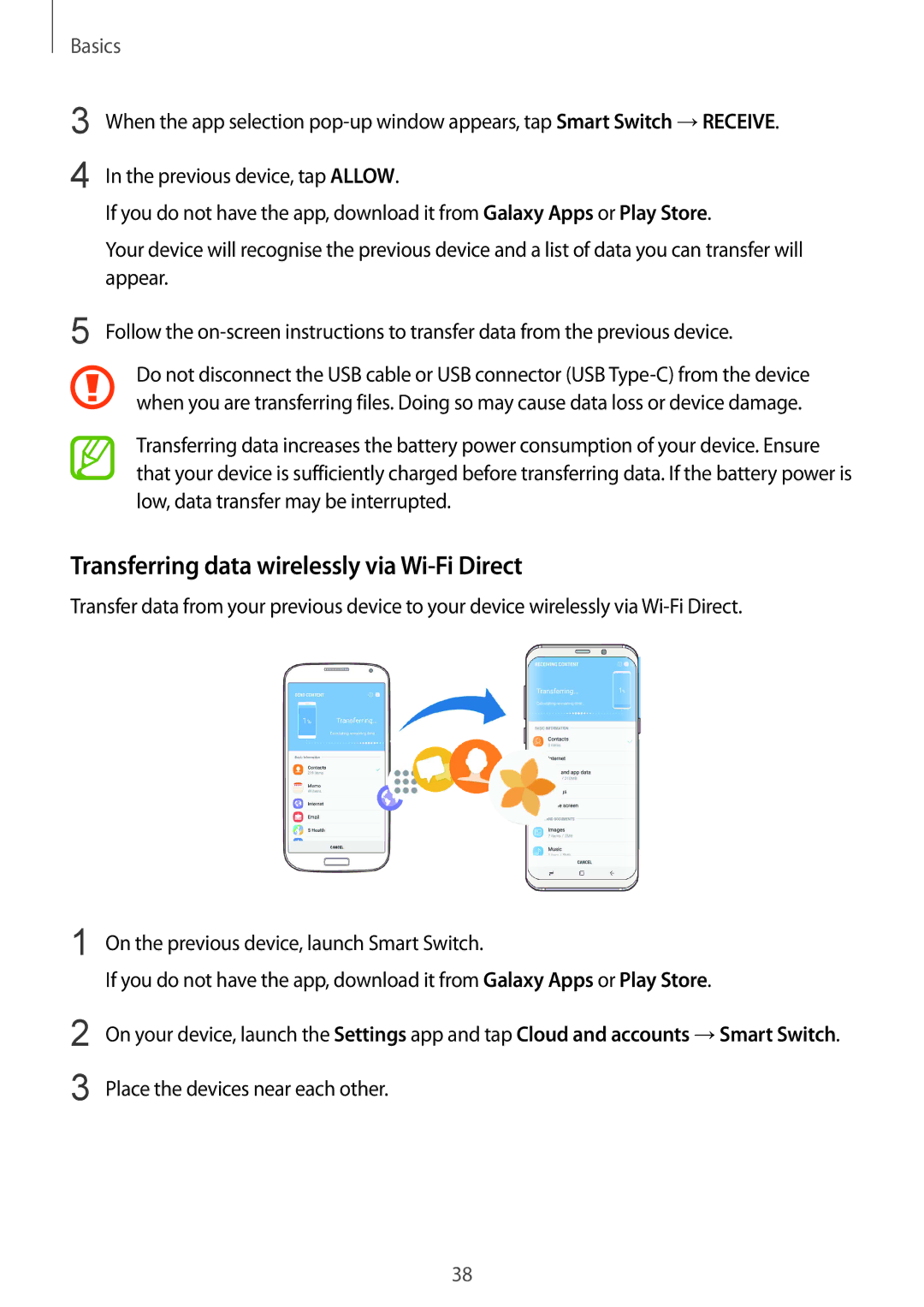 Samsung SM-G955FZKAPHE, SM-G950FZIADBT Transferring data wirelessly via Wi-Fi Direct, Place the devices near each other 