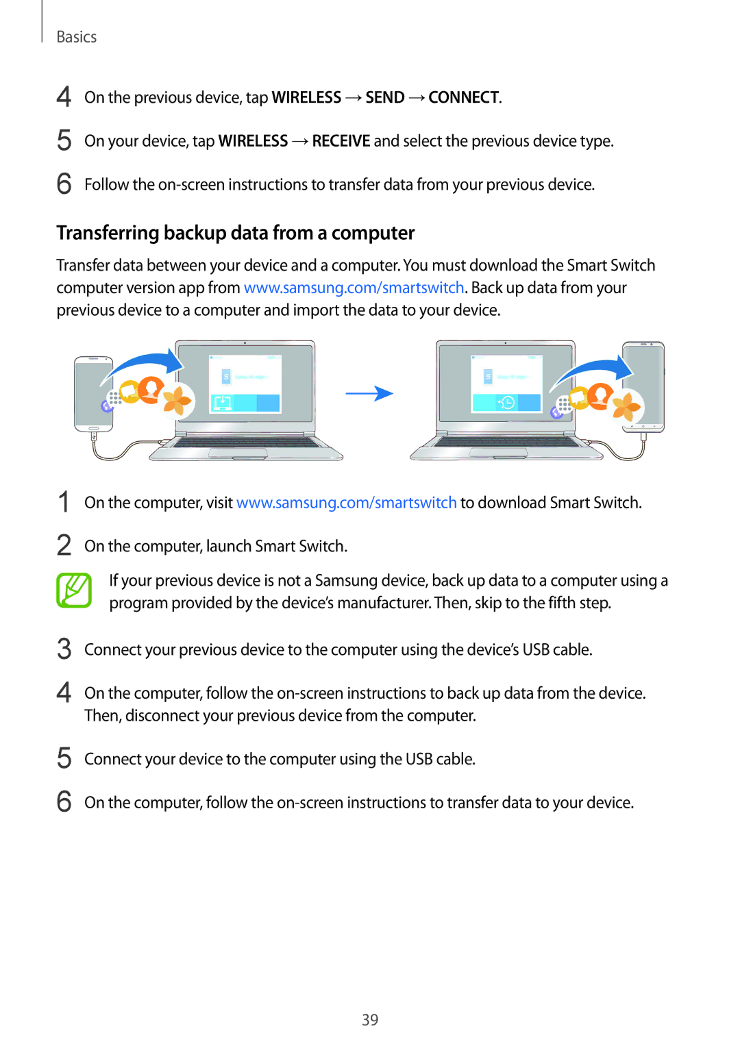 Samsung SM-G950FZSAPHE, SM-G950FZIADBT manual Transferring backup data from a computer, On the computer, launch Smart Switch 