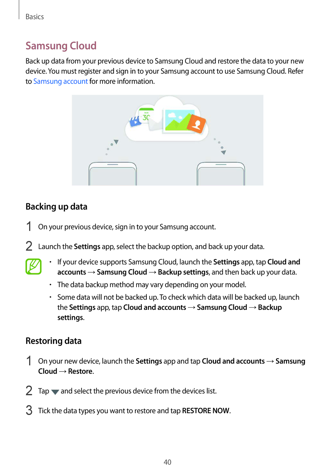 Samsung SM-G955FZVAPHE, SM-G950FZIADBT, SM-G955FZSADBT, SM-G955FZKADBT manual Samsung Cloud, Backing up data, Restoring data 