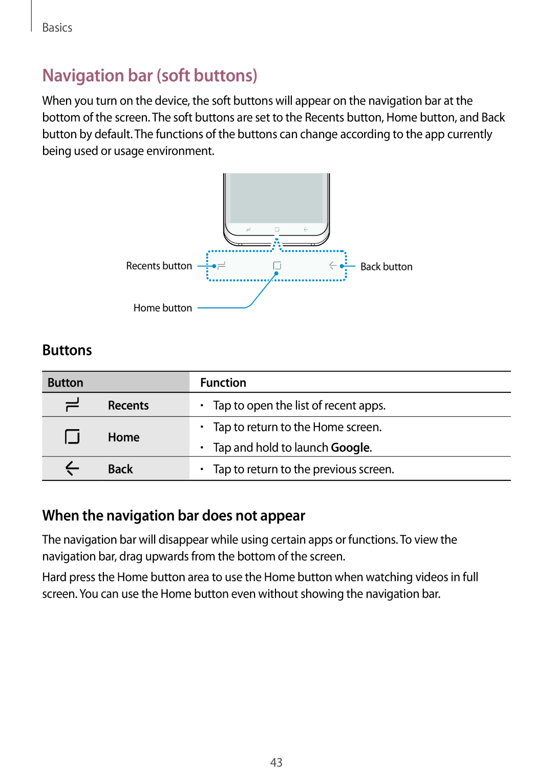 Samsung SM-G950FZKDKSA, SM-G950FZIADBT manual Navigation bar soft buttons, Buttons, When the navigation bar does not appear 
