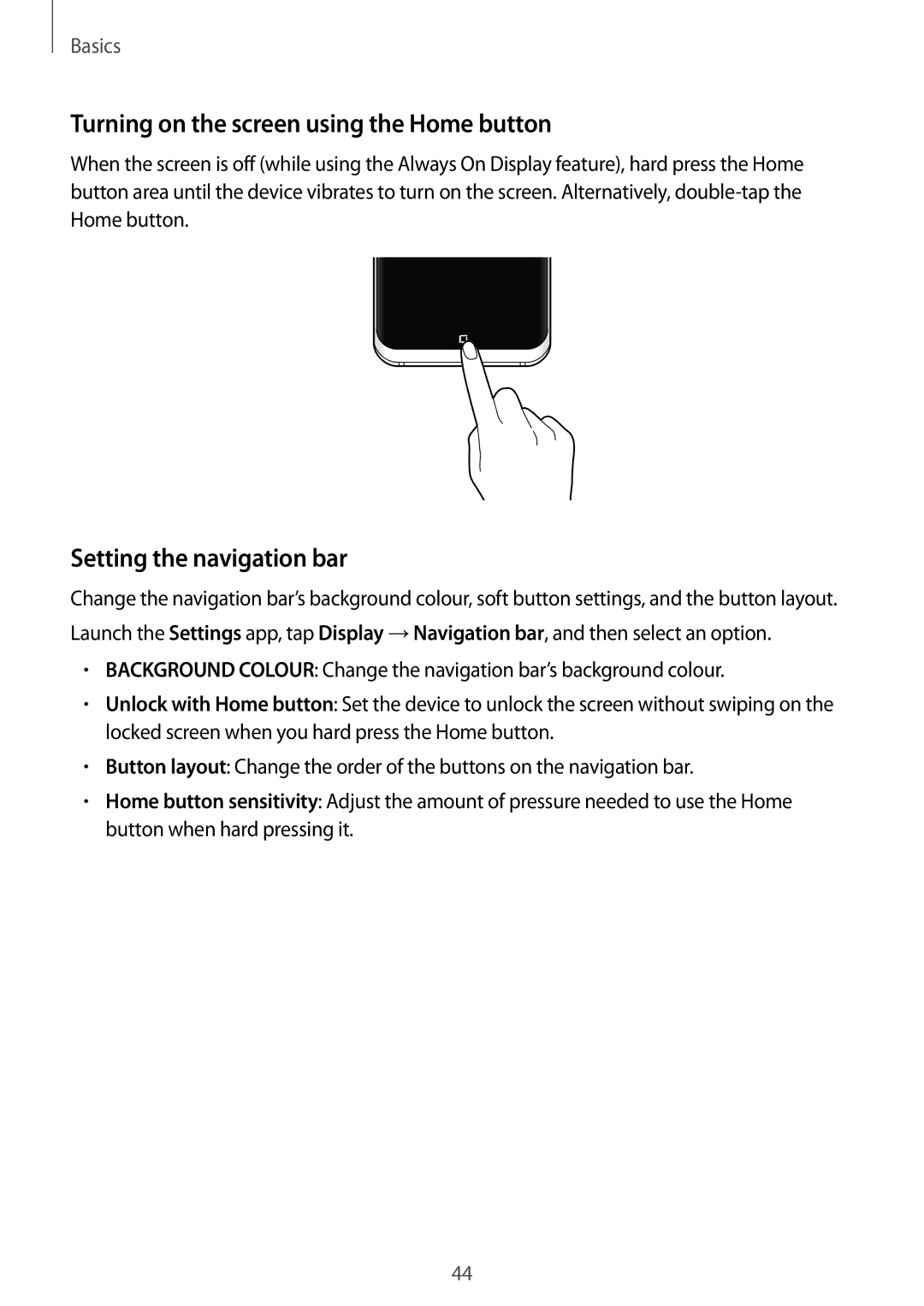 Samsung SM-G955FZBDKSA, SM-G950FZIADBT manual Turning on the screen using the Home button, Setting the navigation bar 