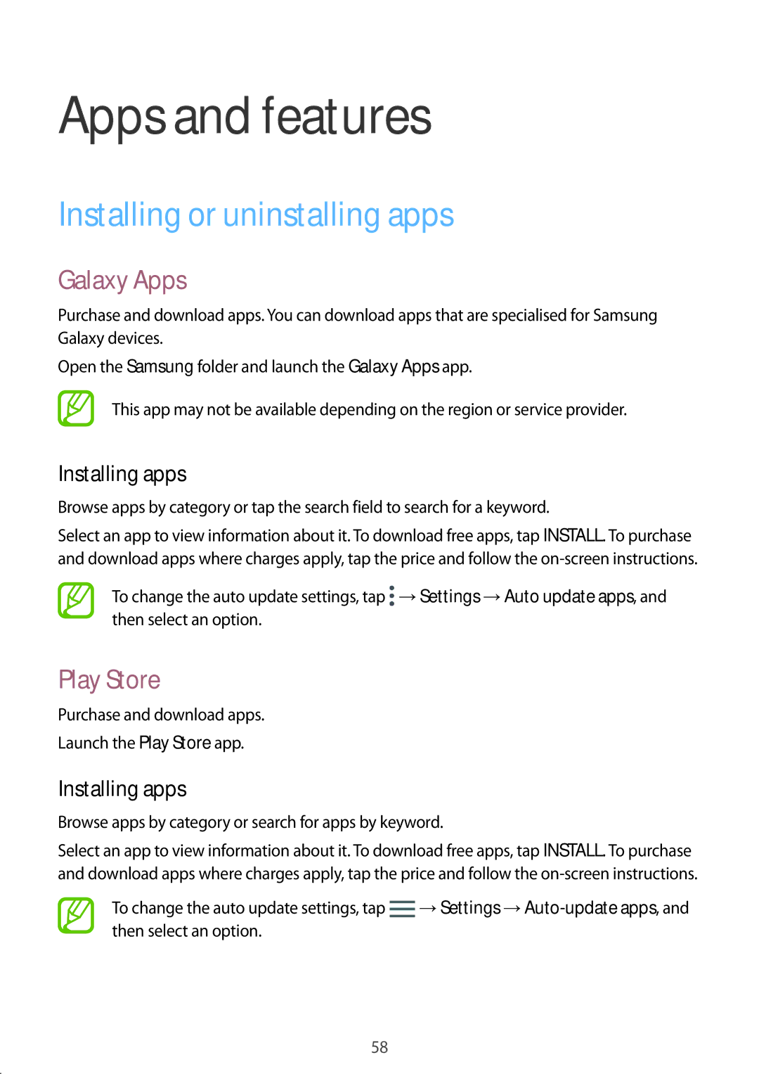 Samsung SM-G950FZKASEE, SM-G950FZIADBT manual Installing or uninstalling apps, Galaxy Apps, Play Store, Installing apps 