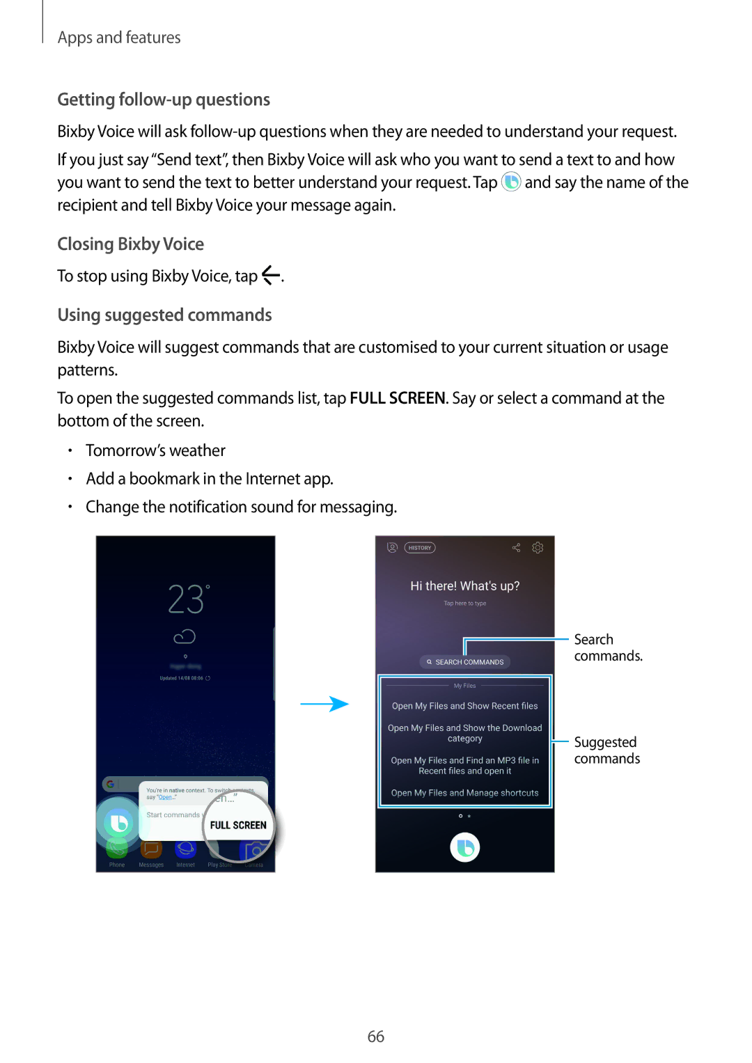 Samsung SM-G950FZKABGL, SM-G950FZIADBT manual Getting follow-up questions, Closing Bixby Voice, Using suggested commands 