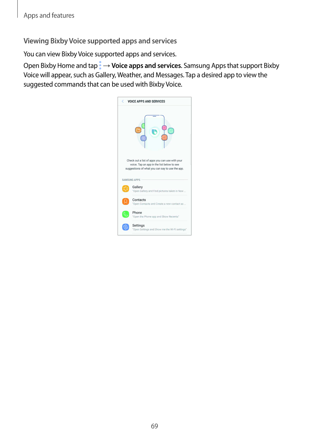 Samsung SM-G955FZKASEE, SM-G950FZIADBT, SM-G955FZSADBT, SM-G955FZKADBT manual Viewing Bixby Voice supported apps and services 