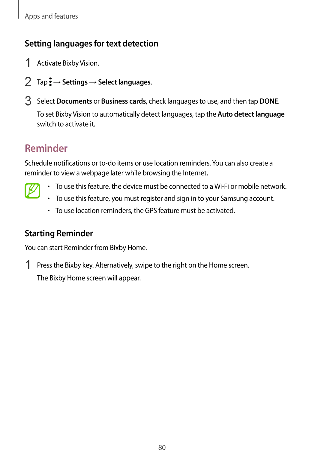 Samsung SM-G950FZBAETL, SM-G950FZIADBT Setting languages for text detection, Starting Reminder, Activate Bixby Vision 