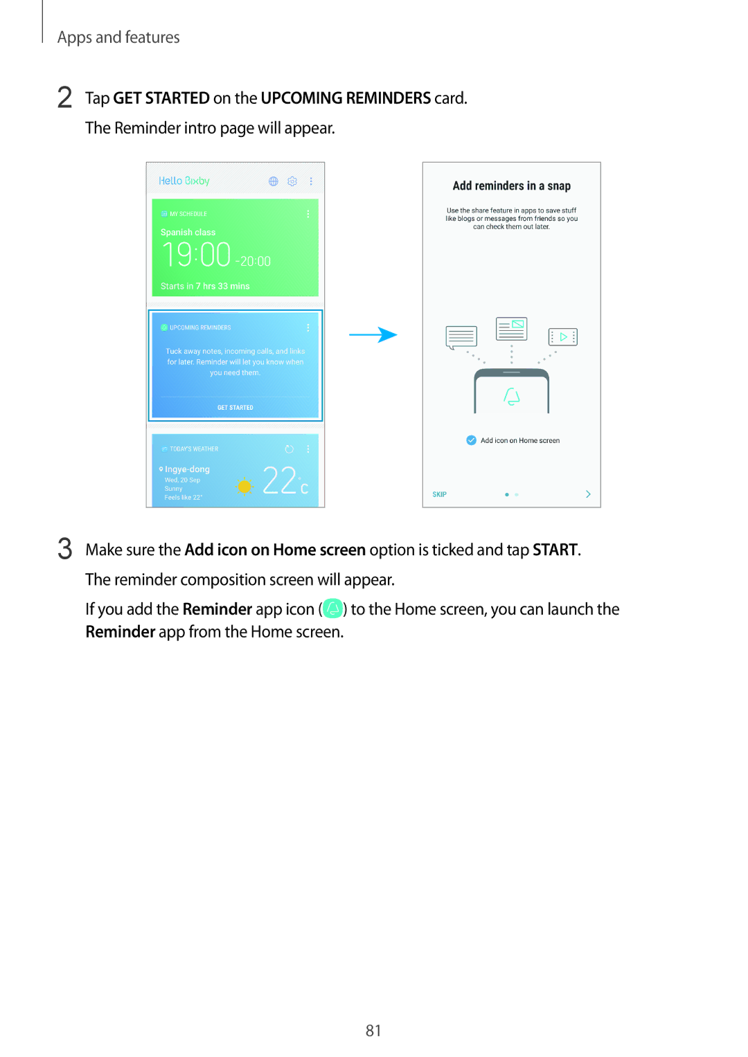 Samsung SM-G955FZIANEE, SM-G950FZIADBT, SM-G955FZSADBT, SM-G955FZKADBT manual Tap GET Started on the Upcoming Reminders card 
