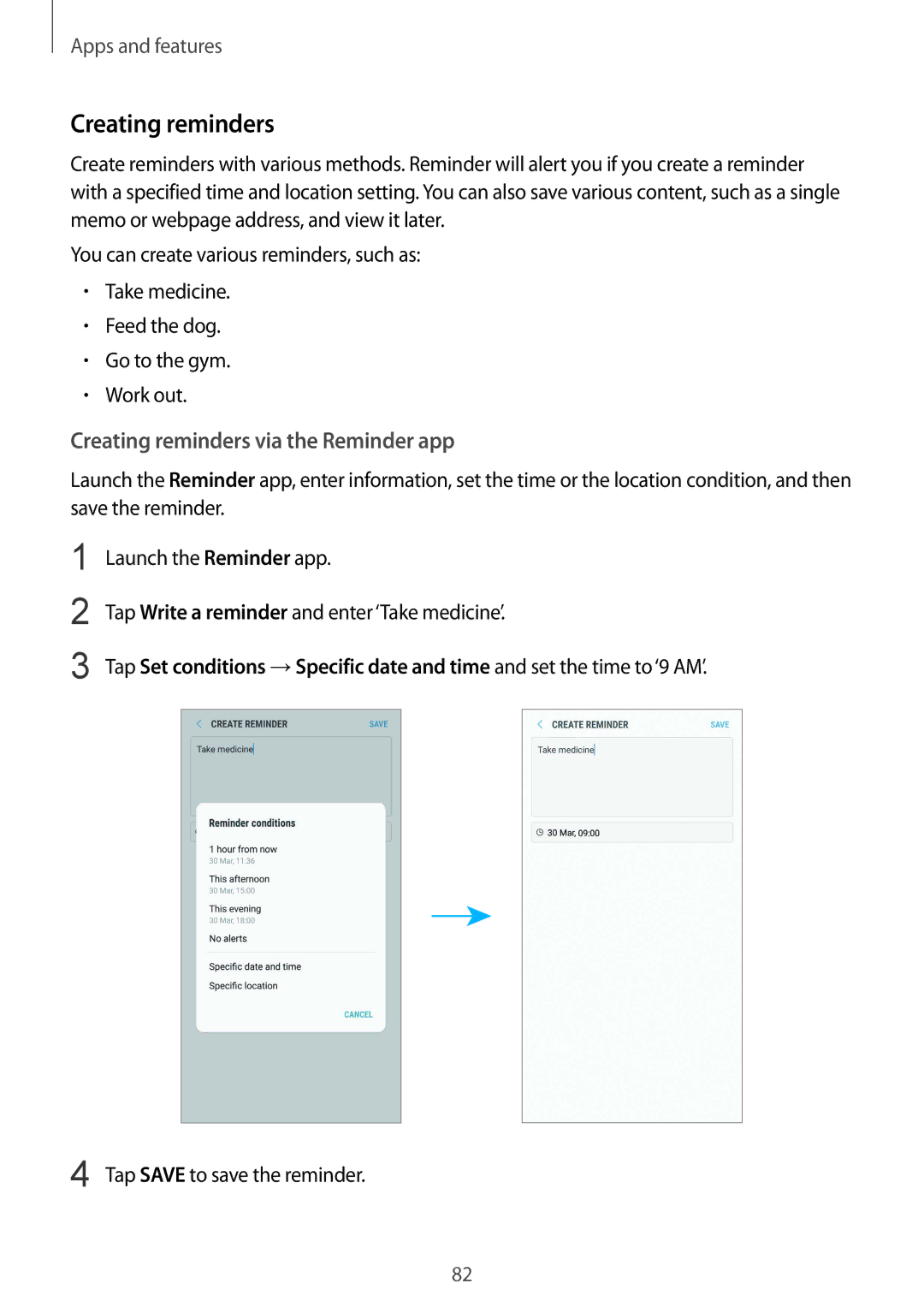 Samsung SM-G955FZKANEE, SM-G950FZIADBT manual Creating reminders via the Reminder app, Tap Save to save the reminder 