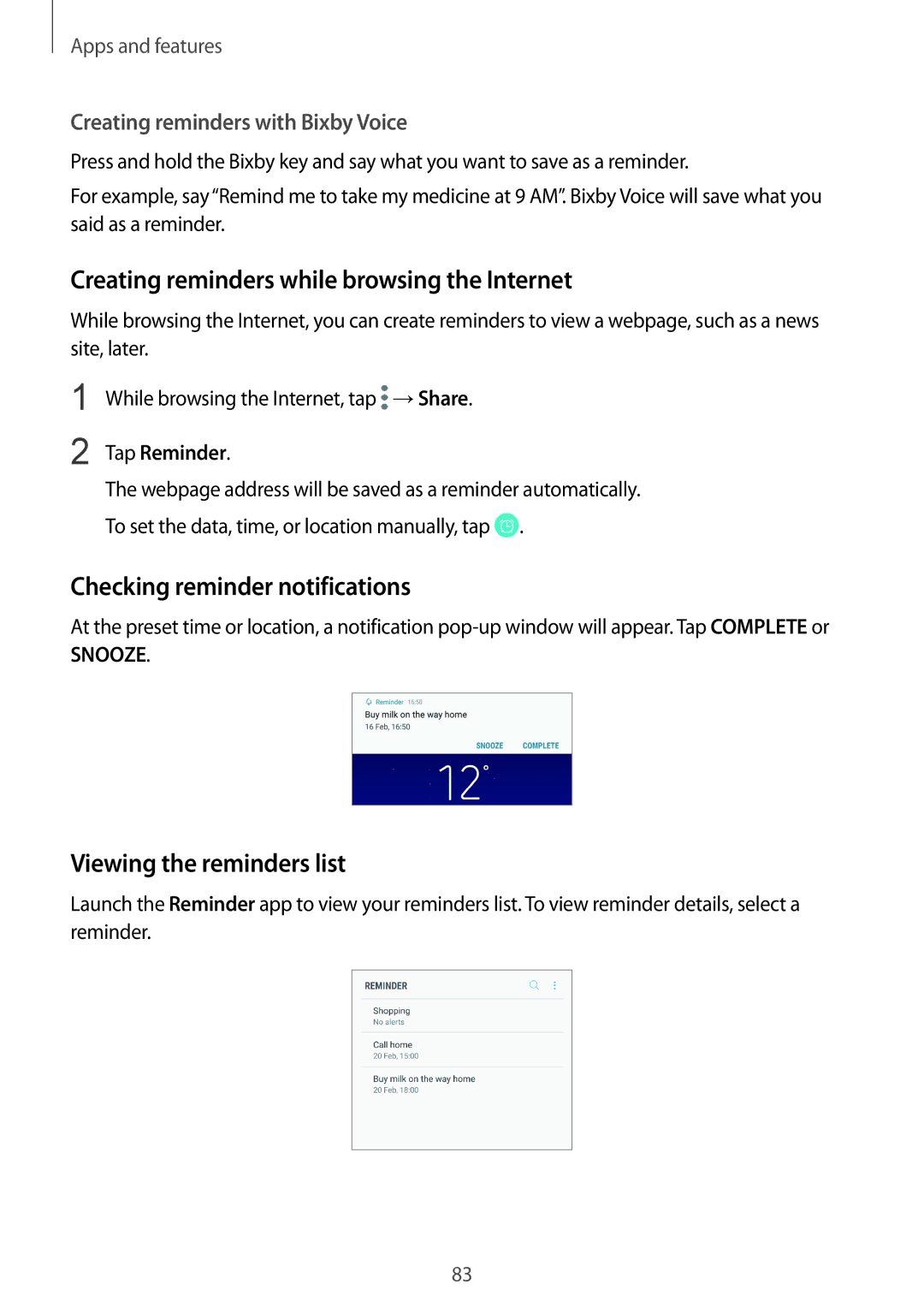 Samsung SM-G955FZSANEE manual Creating reminders while browsing the Internet, Checking reminder notifications, Tap Reminder 