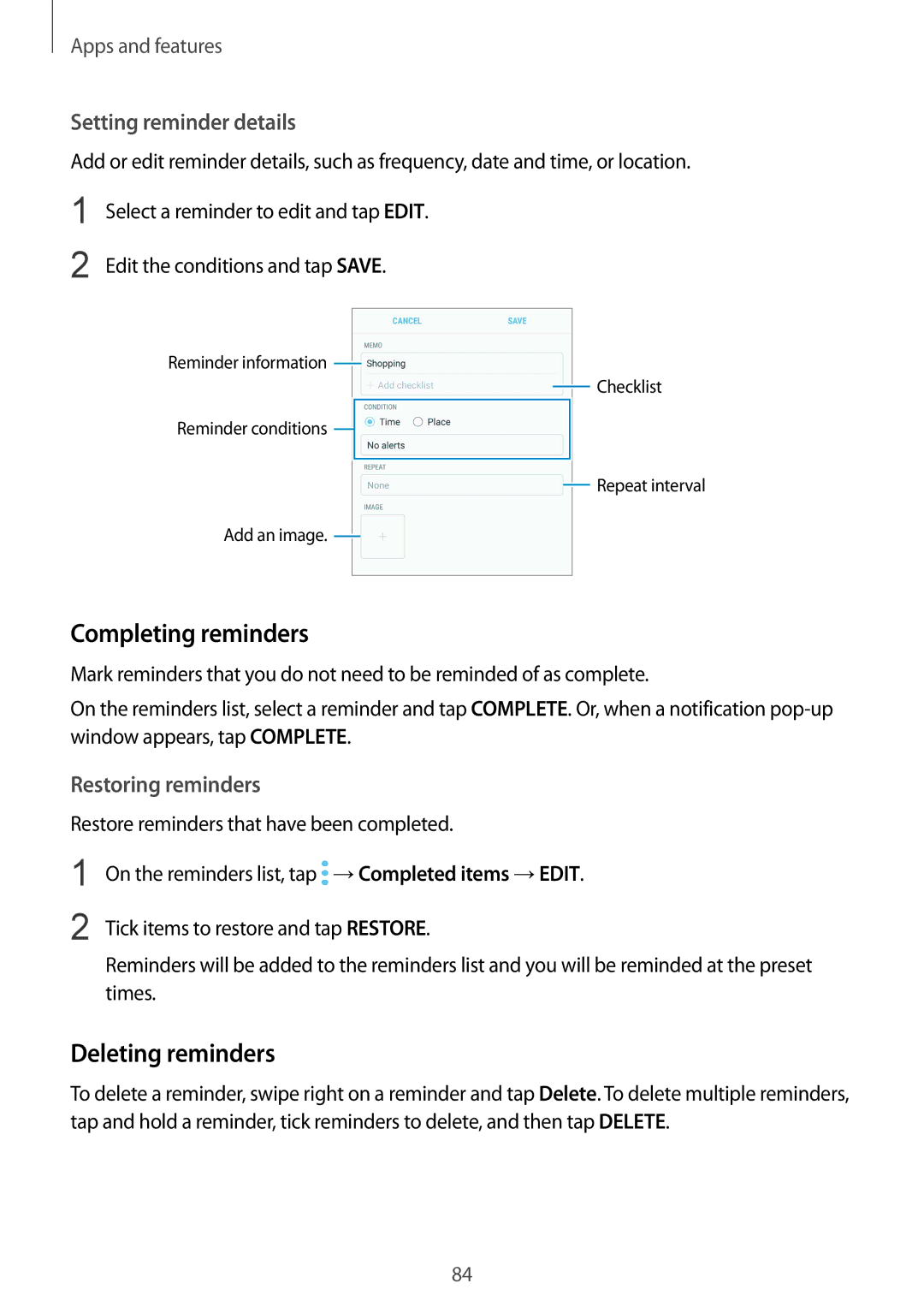 Samsung SM-G955FZVDNEE manual Completing reminders, Deleting reminders, Setting reminder details, Restoring reminders 