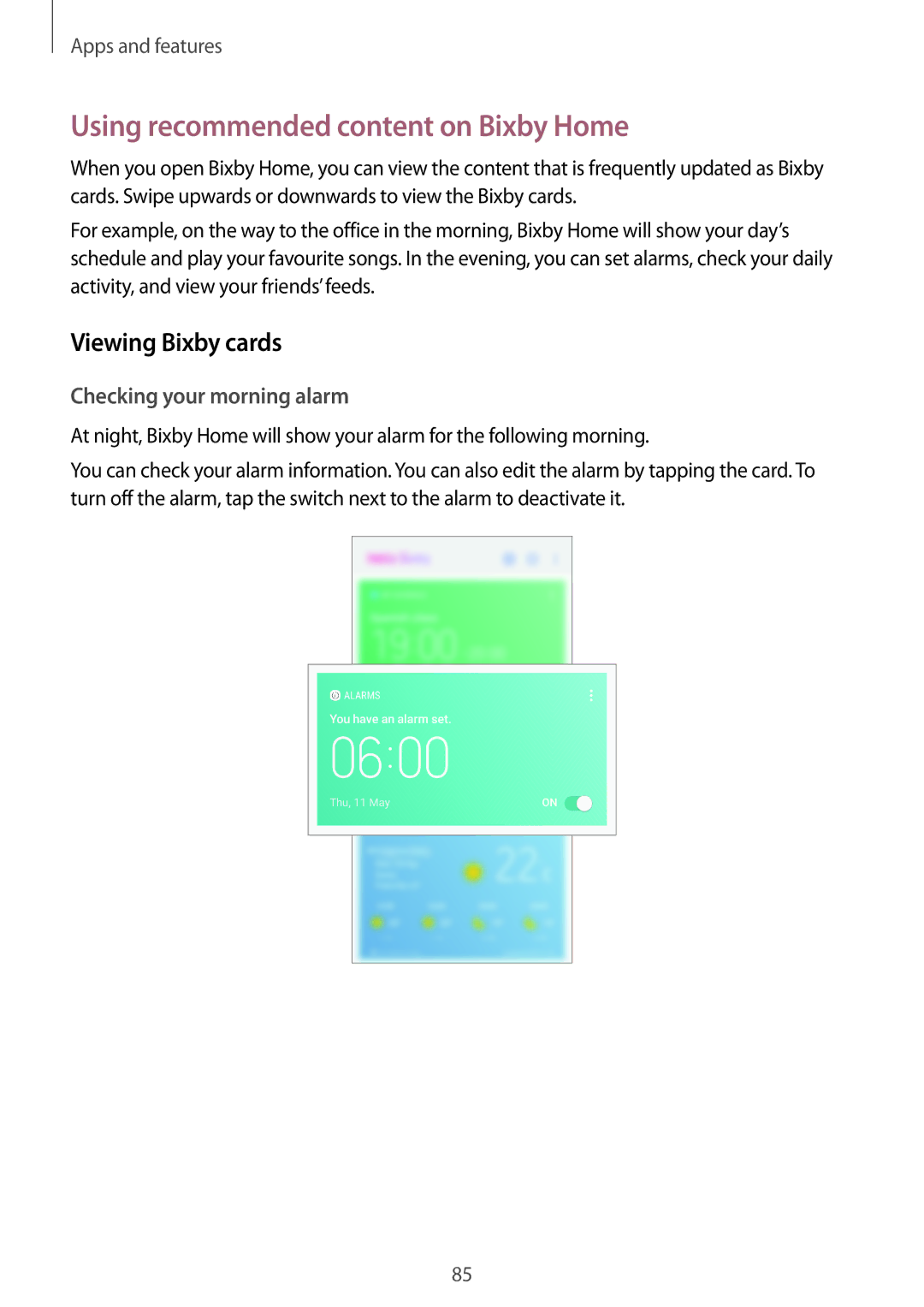 Samsung SM-G950FZVANEE manual Using recommended content on Bixby Home, Viewing Bixby cards, Checking your morning alarm 