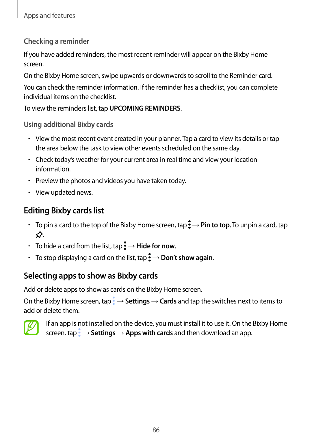 Samsung SM-G950FZIANEE manual Editing Bixby cards list, Selecting apps to show as Bixby cards, Checking a reminder 