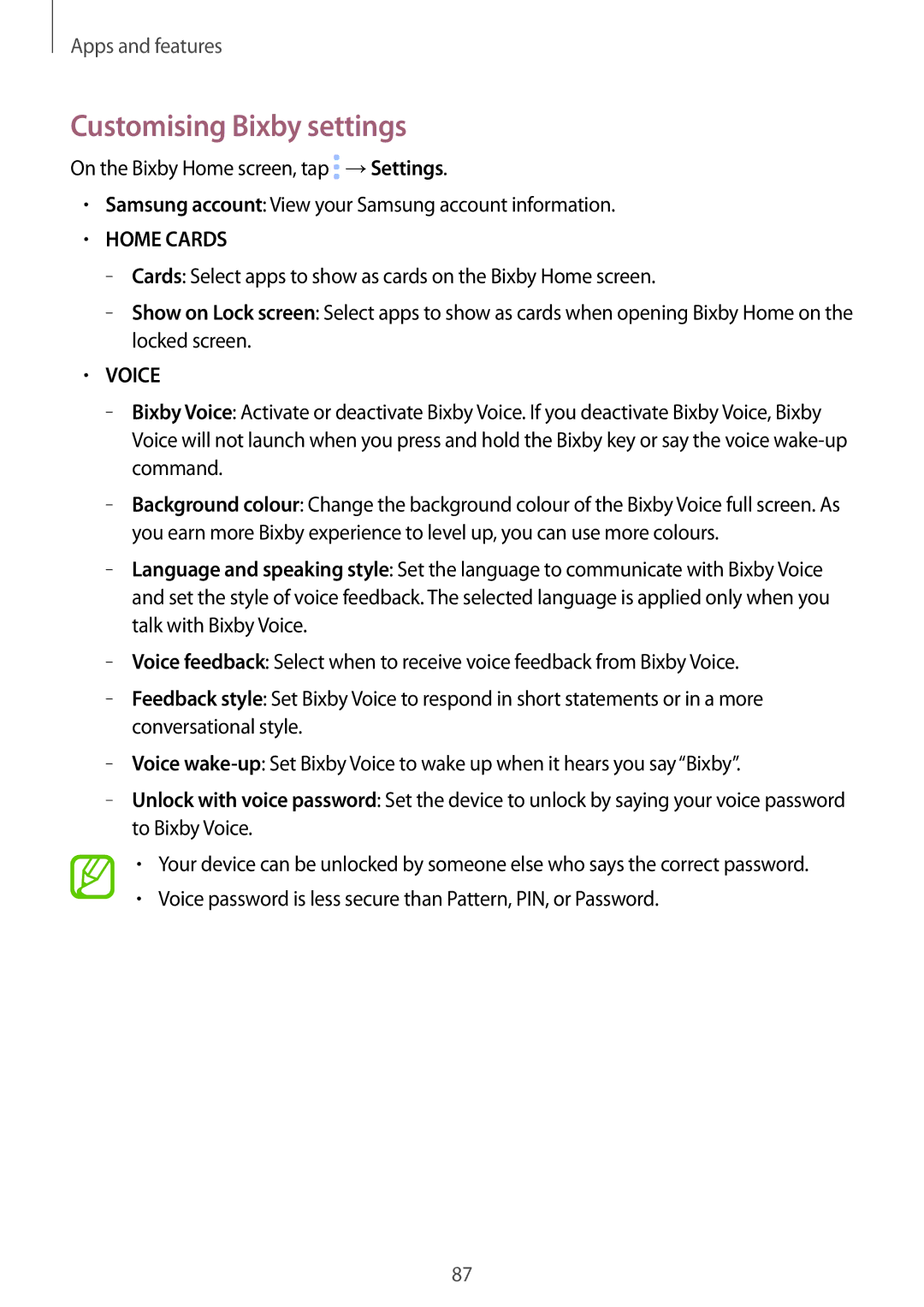Samsung SM-G955FZVANEE manual Customising Bixby settings, Voice password is less secure than Pattern, PIN, or Password 