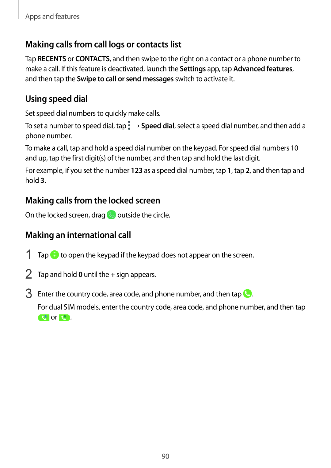 Samsung SM-G955FZKDNEE Making calls from call logs or contacts list, Using speed dial, Making calls from the locked screen 