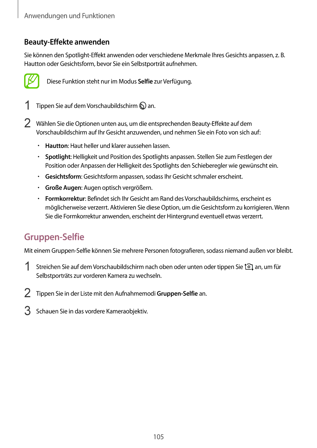 Samsung SM-G950FZBADBT manual Gruppen-Selfie, Beauty-Effekte anwenden, Hautton Haut heller und klarer aussehen lassen 