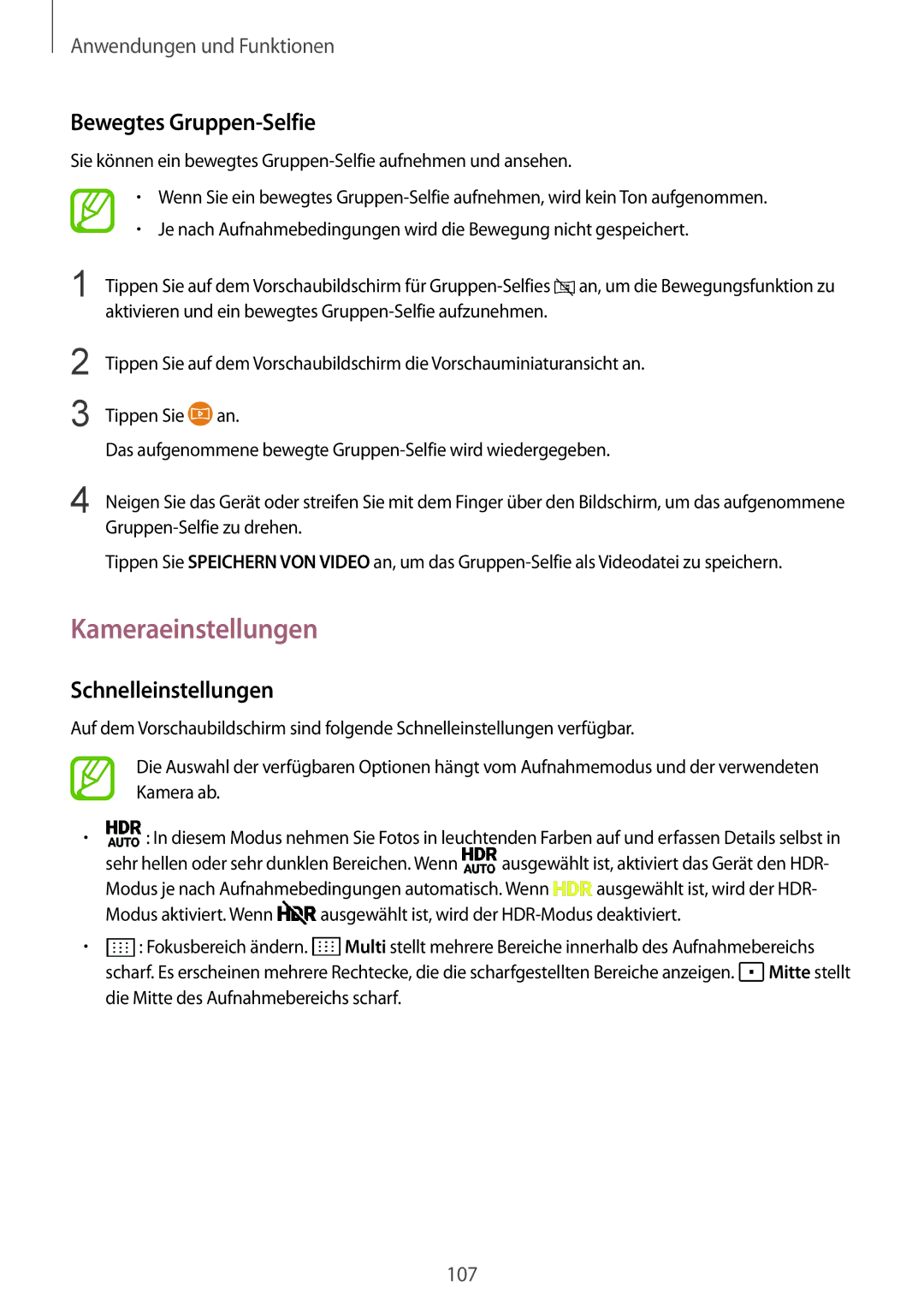 Samsung SM-G955FZBADBT, SM-G950FZIADBT, SM-G955FZSADBT Kameraeinstellungen, Bewegtes Gruppen-Selfie, Schnelleinstellungen 