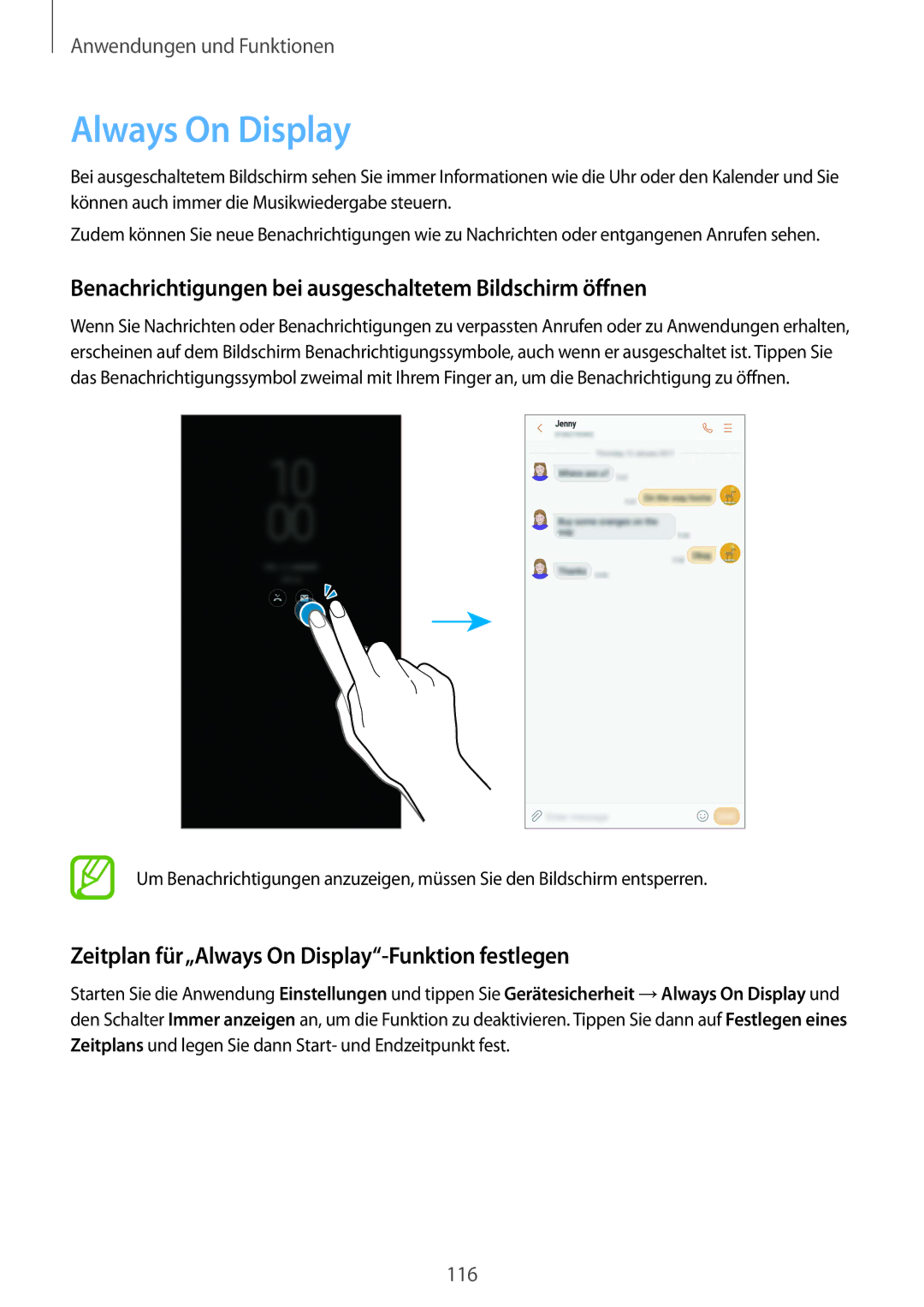 Samsung SM-G950FZBADBT, SM-G950FZIADBT manual Always On Display, Benachrichtigungen bei ausgeschaltetem Bildschirm öffnen 