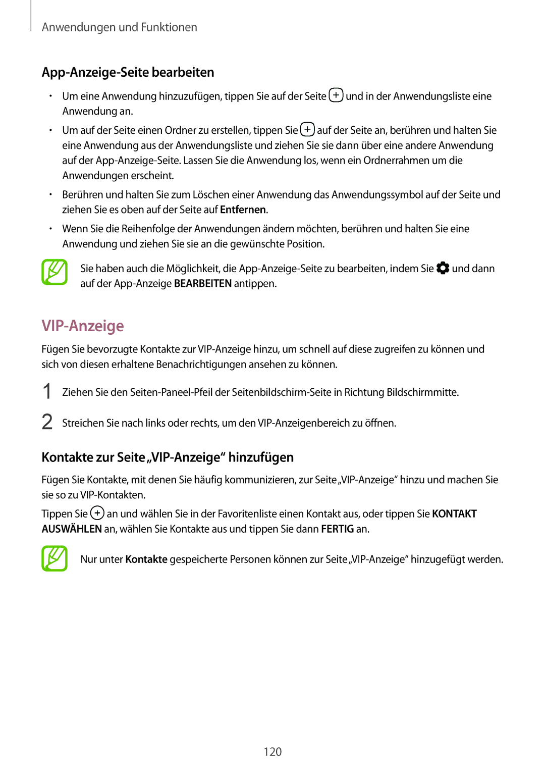 Samsung SM-G950FZSADBT, SM-G950FZIADBT manual App-Anzeige-Seite bearbeiten, Kontakte zur Seite„VIP-Anzeige hinzufügen 