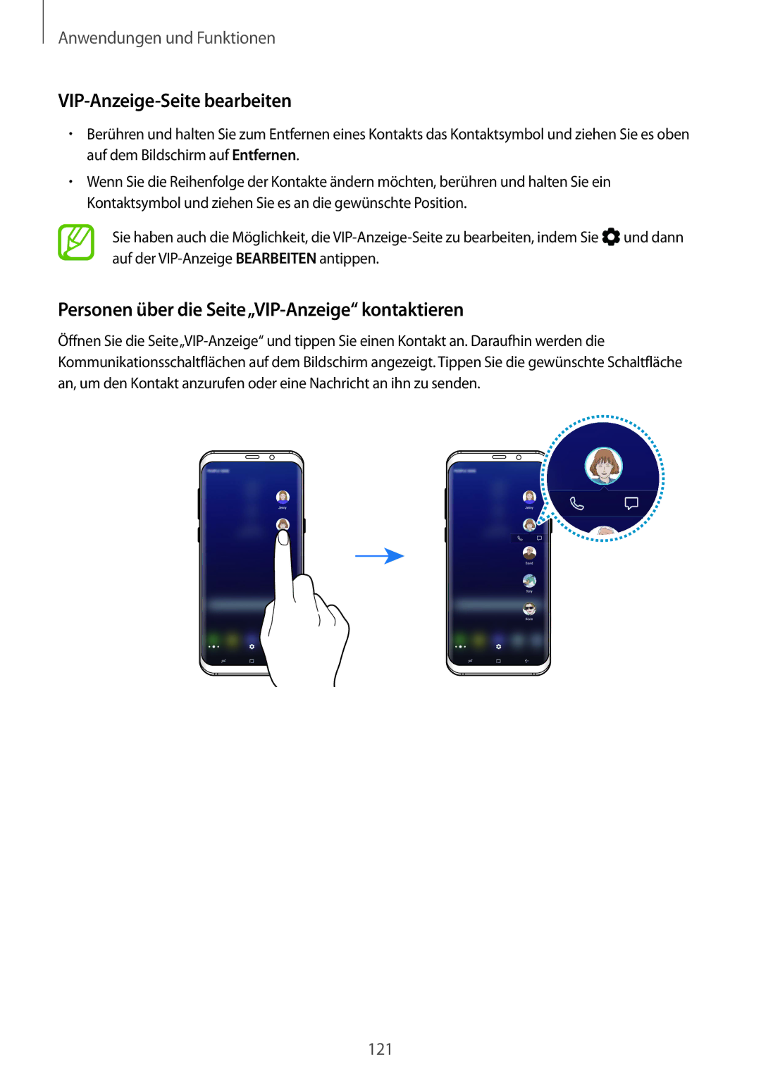 Samsung SM-G950FZIADBT, SM-G955FZSADBT manual VIP-Anzeige-Seite bearbeiten, Personen über die Seite„VIP-Anzeige kontaktieren 