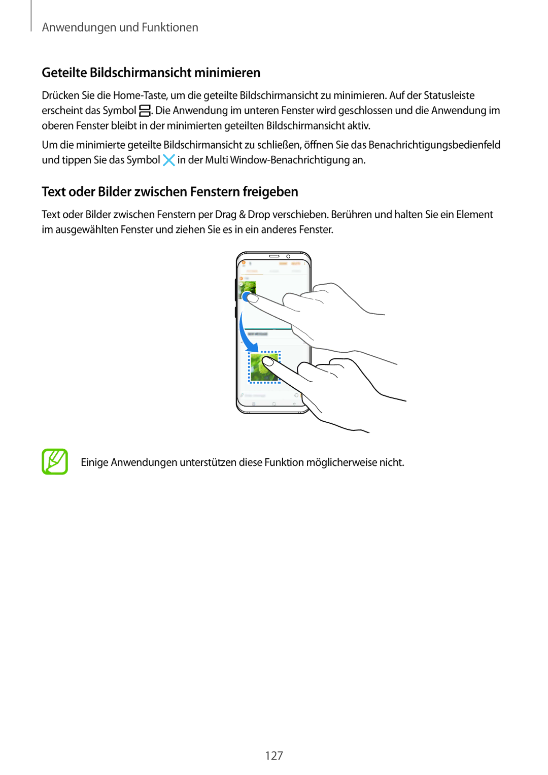 Samsung SM-G950FZBADBT, SM-G950FZIADBT Geteilte Bildschirmansicht minimieren, Text oder Bilder zwischen Fenstern freigeben 