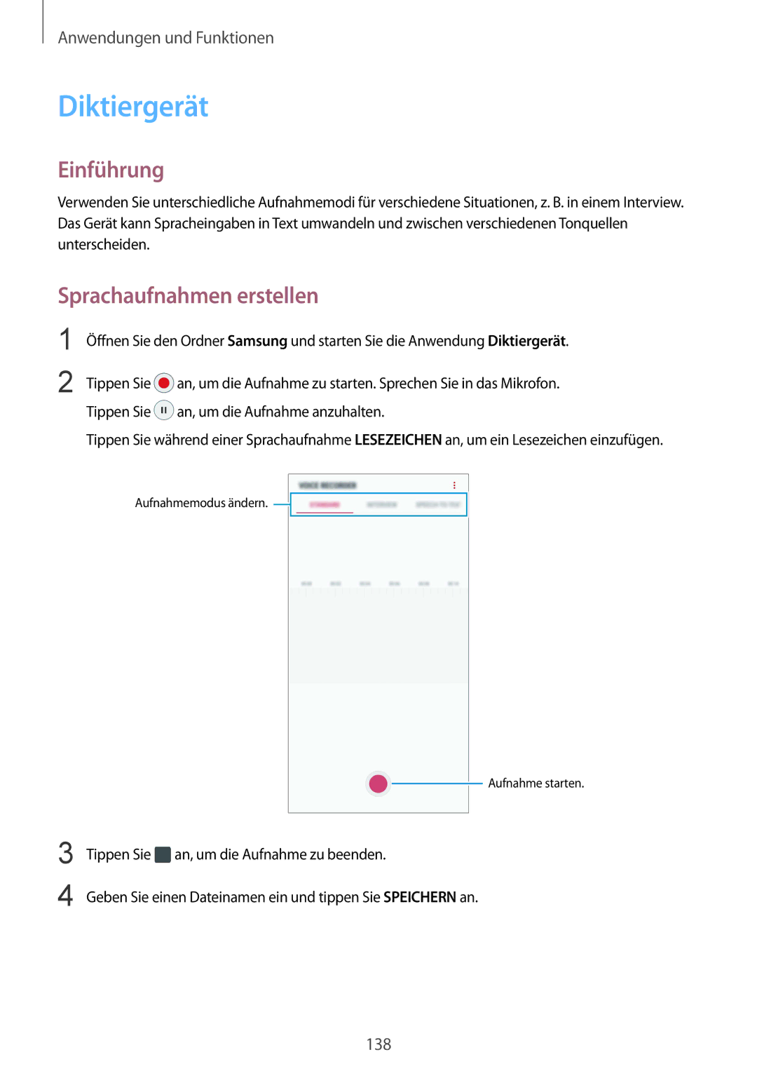 Samsung SM-G950FZBADBT, SM-G950FZIADBT, SM-G955FZSADBT, SM-G955FZKADBT manual Diktiergerät, Sprachaufnahmen erstellen 