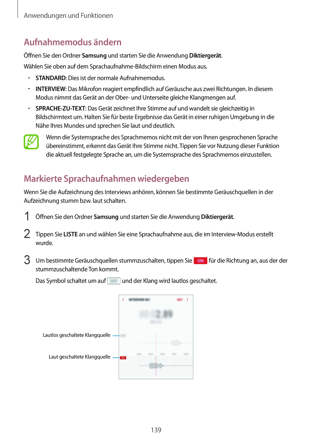 Samsung SM-G955FZVDDBT, SM-G950FZIADBT, SM-G955FZSADBT manual Aufnahmemodus ändern, Markierte Sprachaufnahmen wiedergeben 