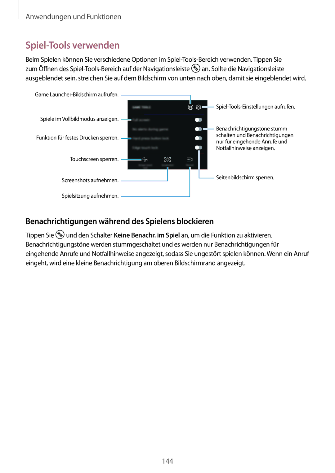 Samsung SM-G955FZSADBT, SM-G950FZIADBT manual Spiel-Tools verwenden, Benachrichtigungen während des Spielens blockieren 