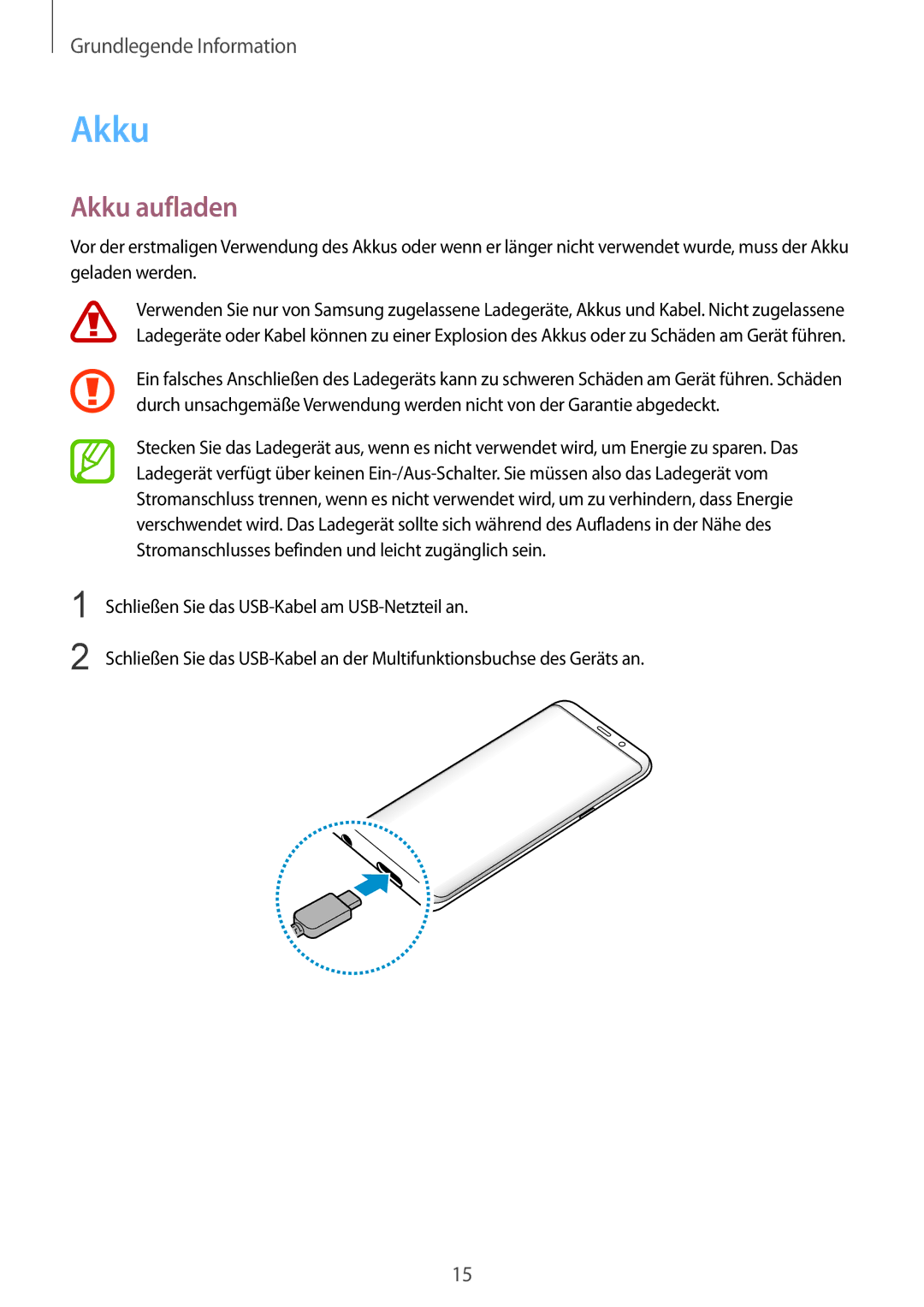 Samsung SM-G955FZKDDBT, SM-G950FZIADBT, SM-G955FZSADBT, SM-G955FZKADBT, SM-G955FZVADBT, SM-G950FZVADBT manual Akku aufladen 