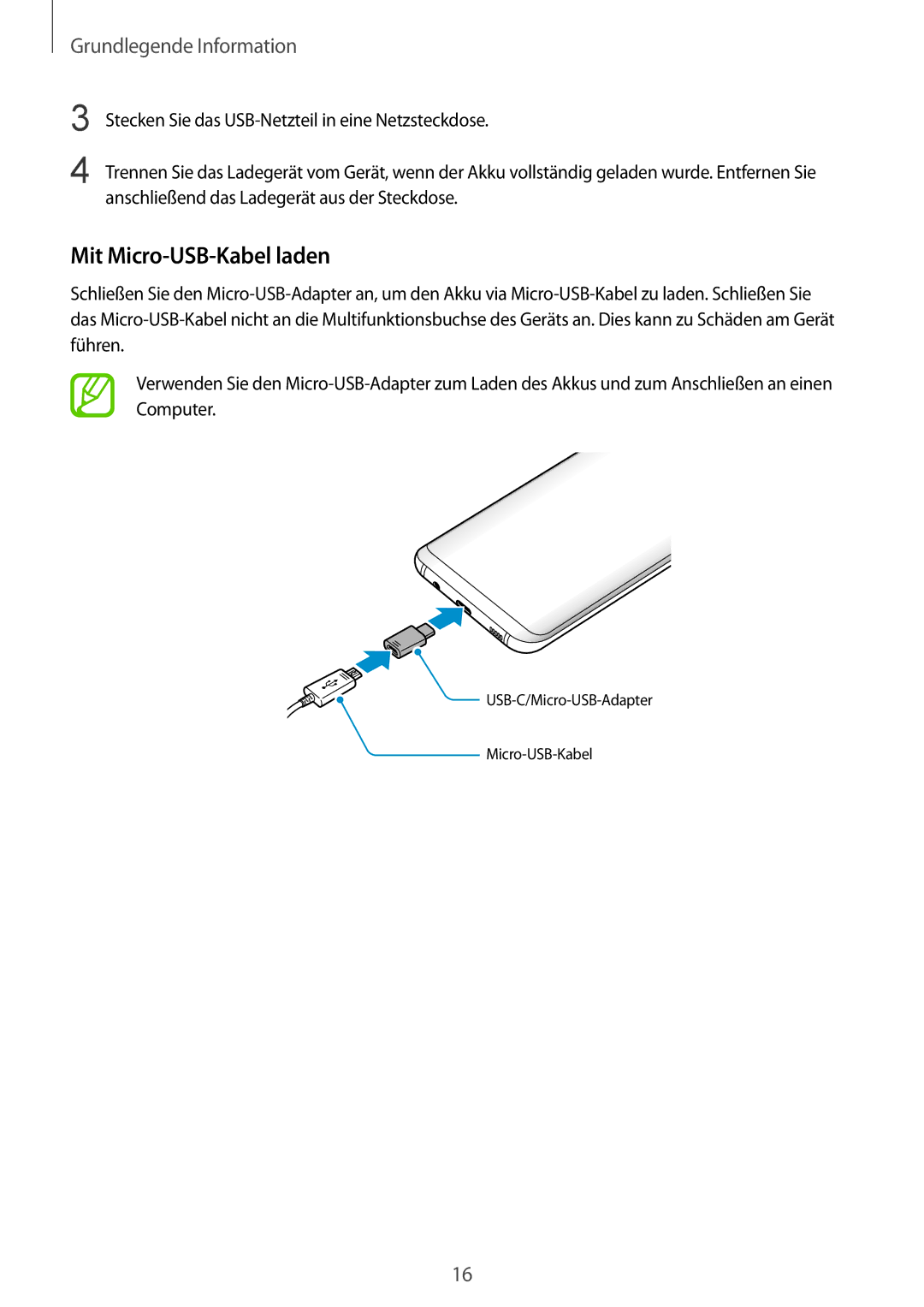 Samsung SM-G950FZVADBT, SM-G950FZIADBT, SM-G955FZSADBT, SM-G955FZKADBT, SM-G955FZVADBT manual Mit Micro-USB-Kabel laden 