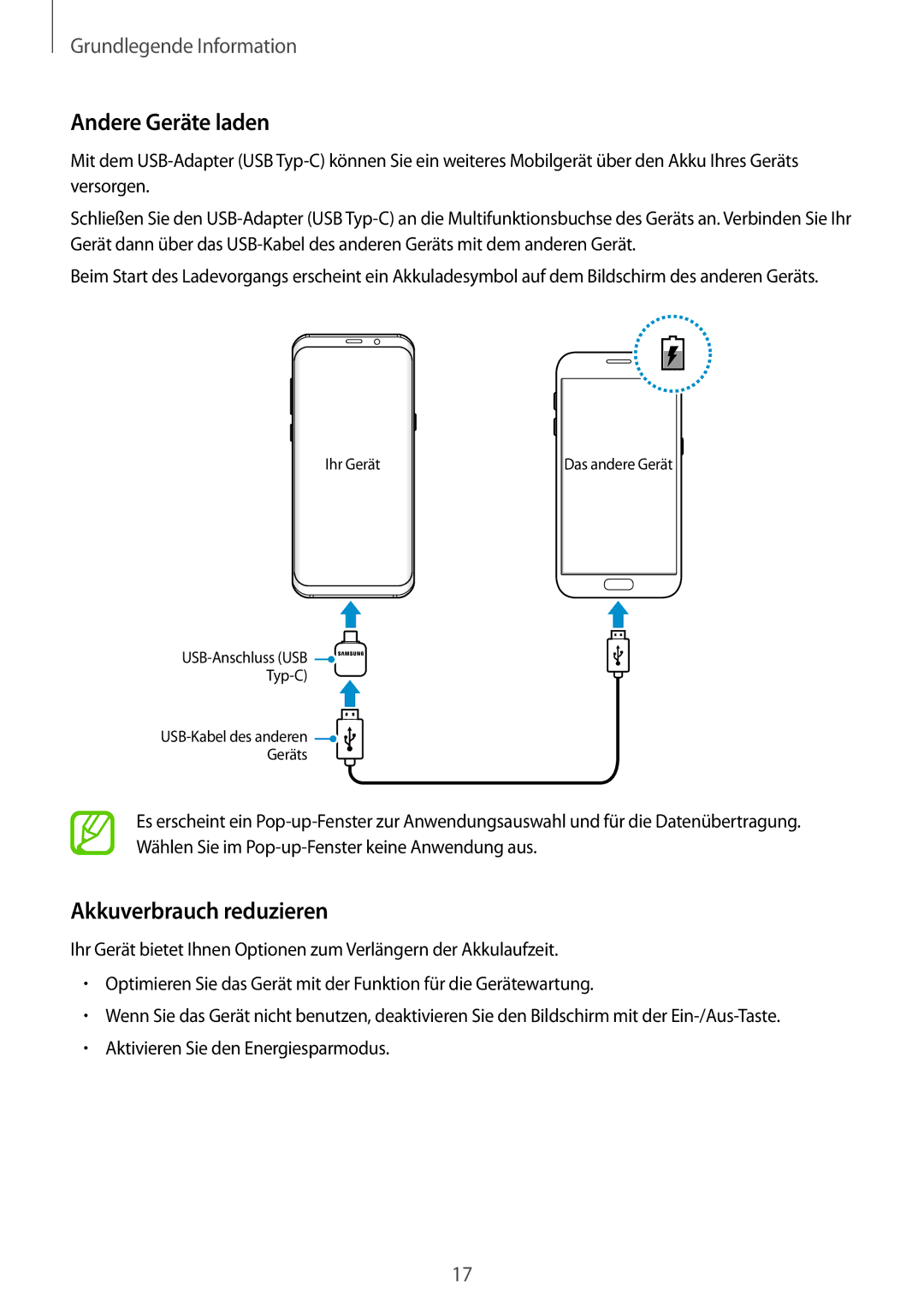 Samsung SM-G950FZBADBT, SM-G950FZIADBT, SM-G955FZSADBT, SM-G955FZKADBT manual Andere Geräte laden, Akkuverbrauch reduzieren 