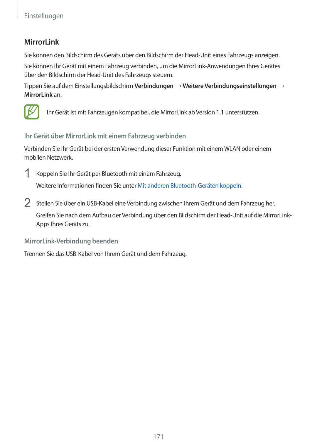 Samsung SM-G950FZBADBT manual Ihr Gerät über MirrorLink mit einem Fahrzeug verbinden, MirrorLink-Verbindung beenden 